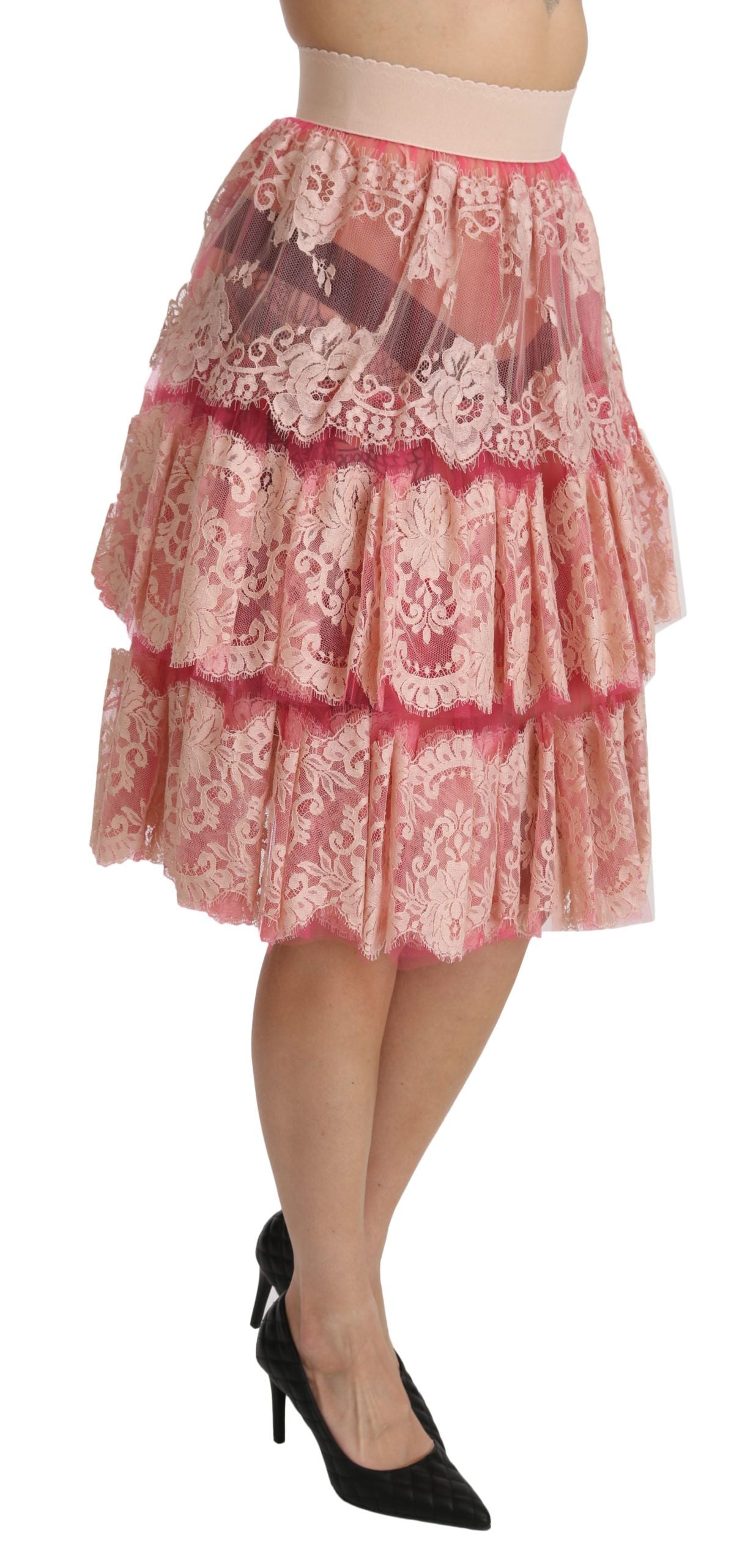 Dolce &amp; Gabbana Pink Lace Layered High Waist Knee Length Skirt