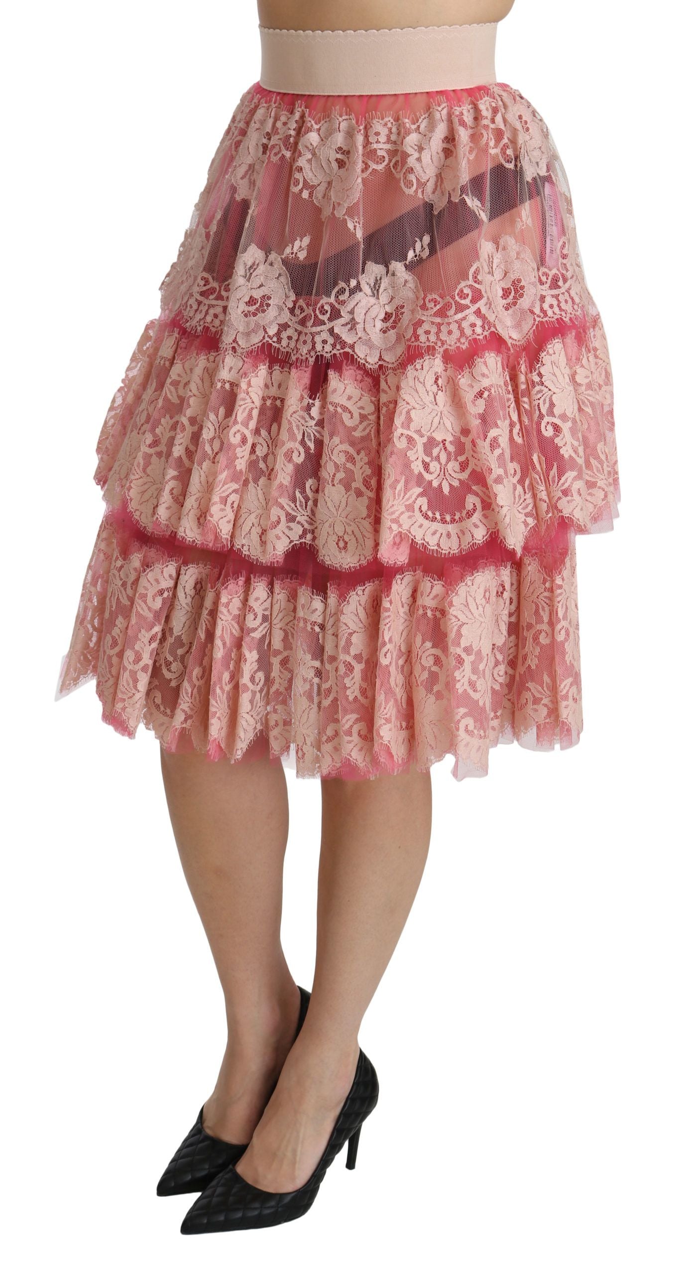 Dolce &amp; Gabbana Pink Lace Layered High Waist Knee Length Skirt