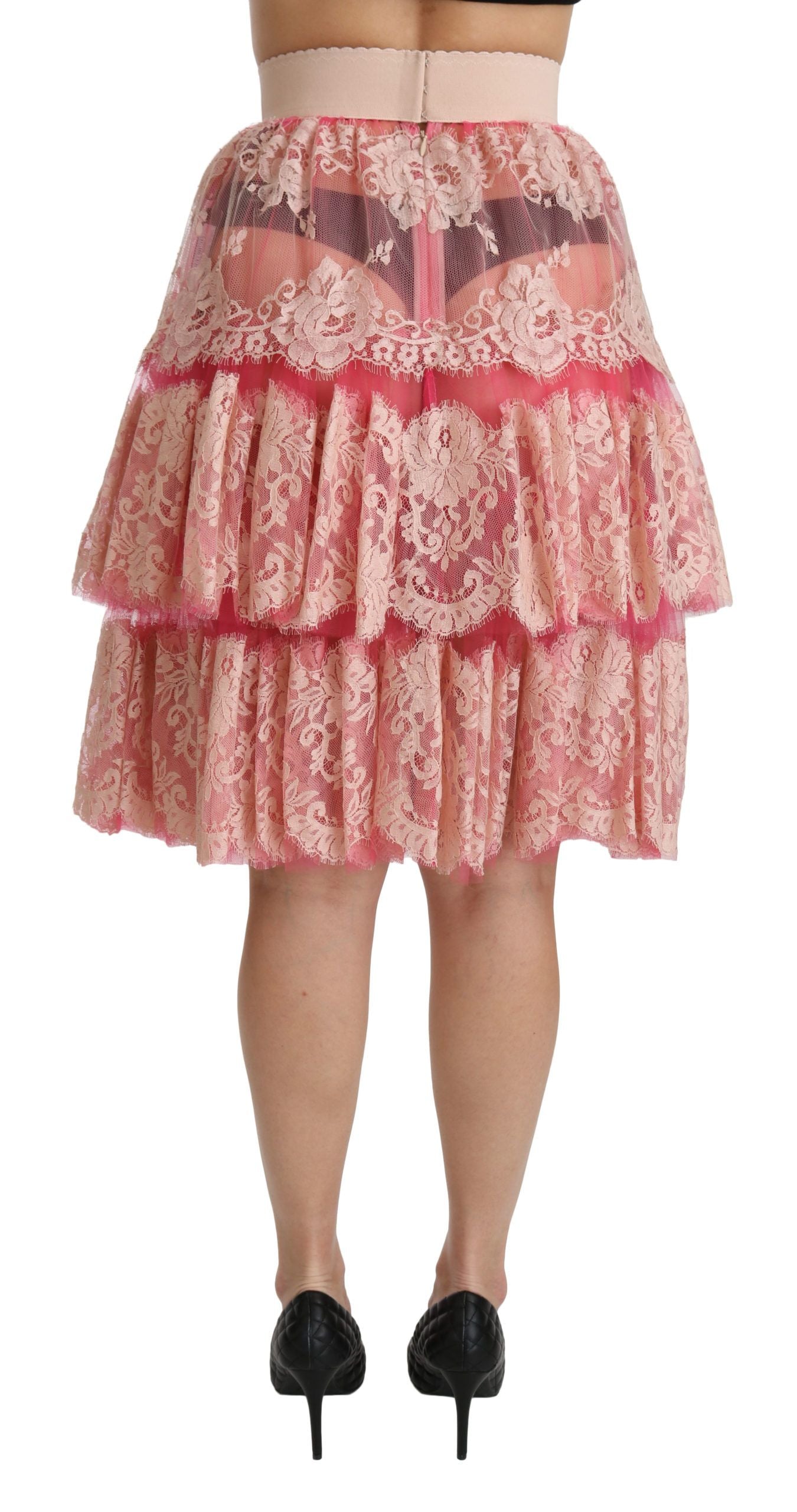 Dolce &amp; Gabbana Pink Lace Layered High Waist Knee Length Skirt