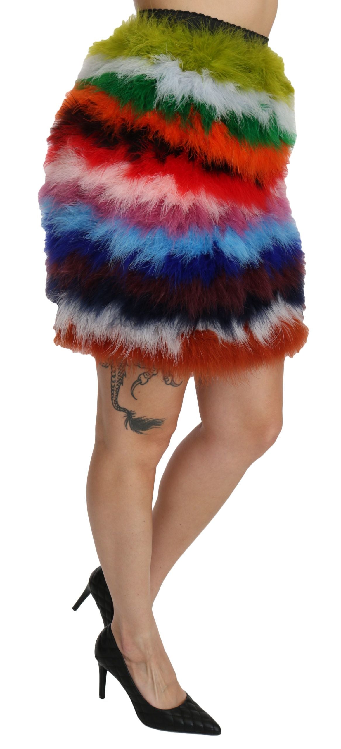 Dolce &amp; Gabbana Red Blue High Waist Mini Feather Skirt