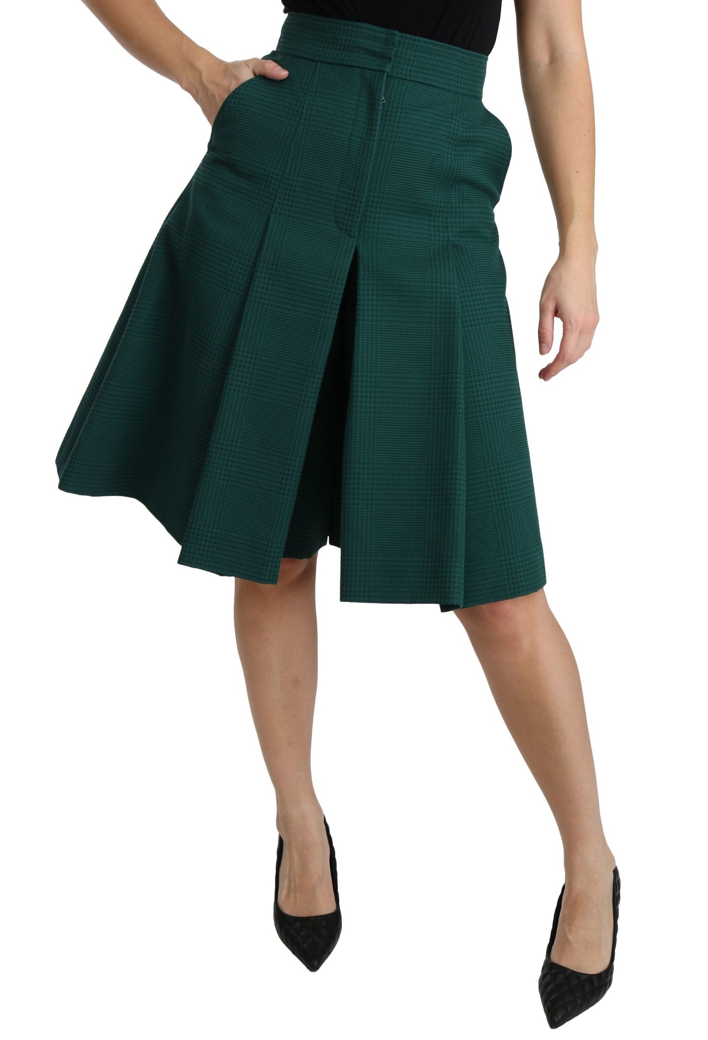 Dolce &amp; Gabbana Green Pleated A-line High Waist Cotton Skirt