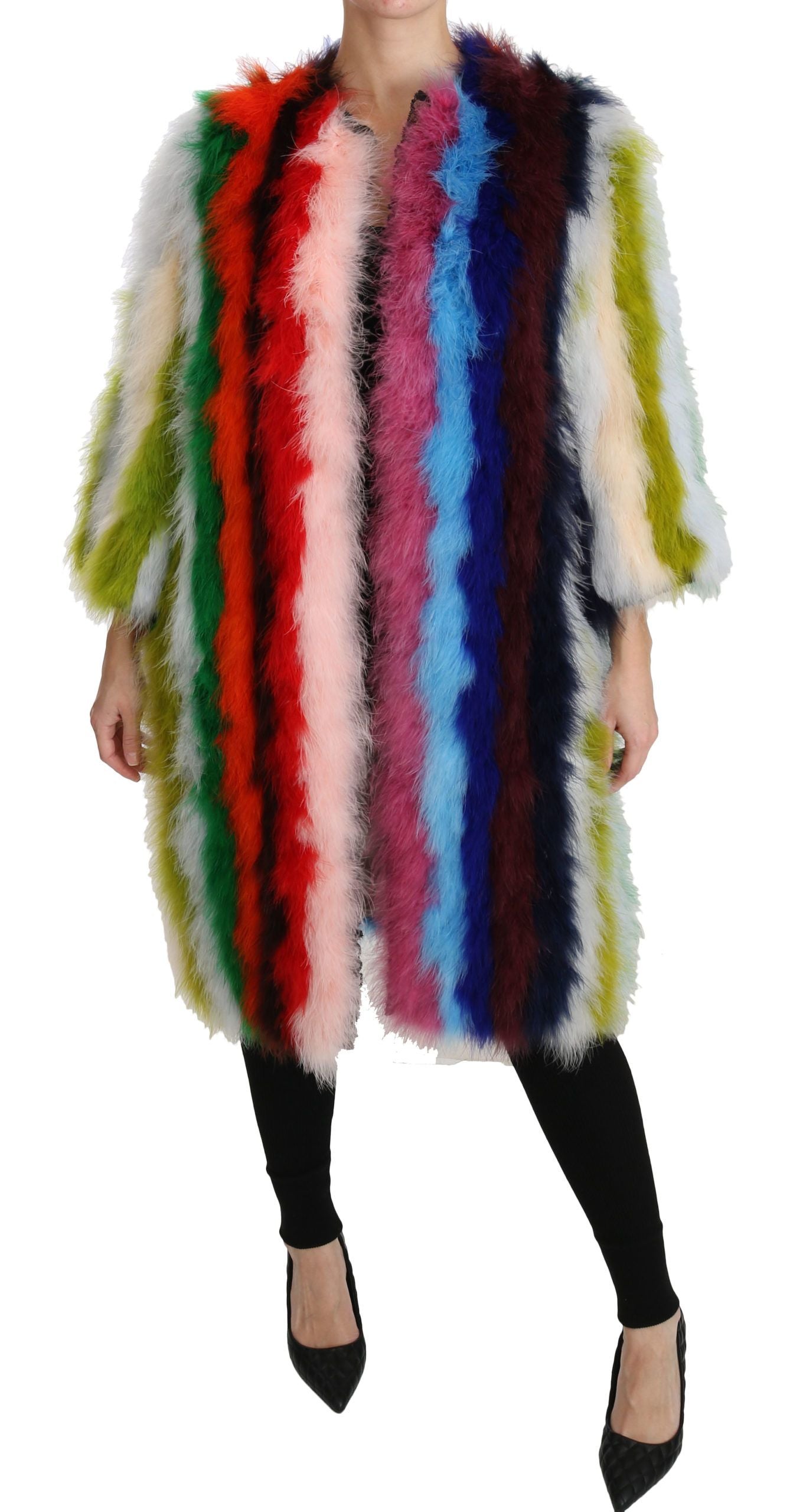 Dolce &amp; Gabbana Multicolor Turkey Feather Cape Fur Coat