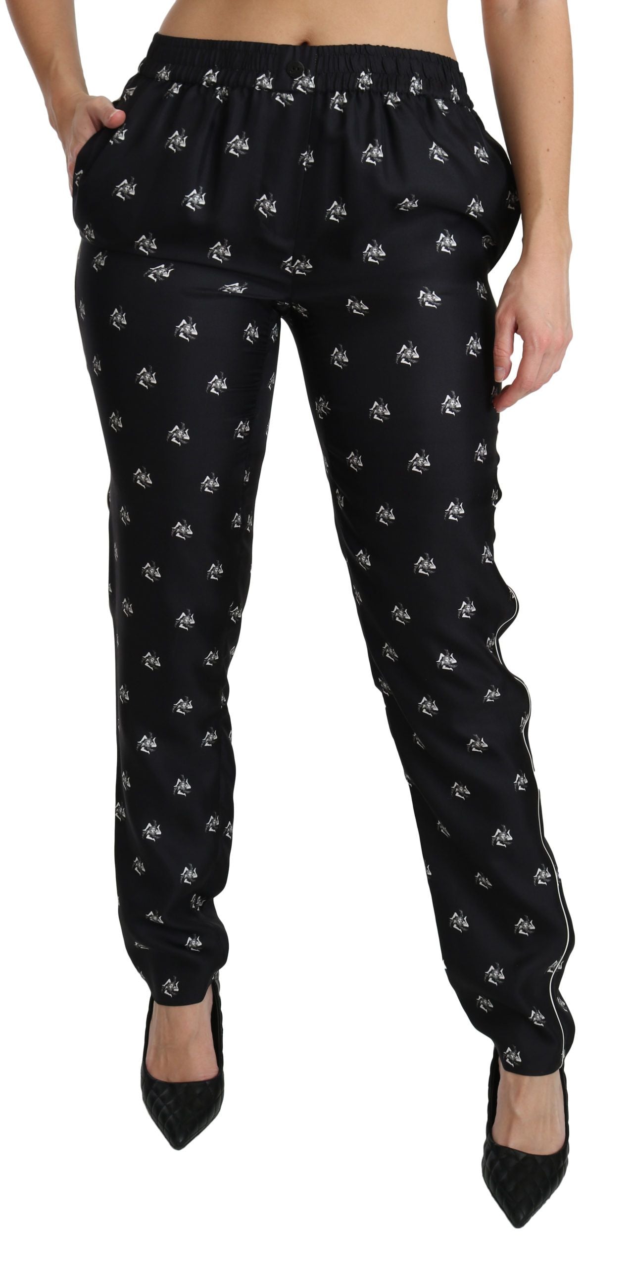 Dolce &amp; Gabbana Black Printed Mid Waist Skinny Silk Pants