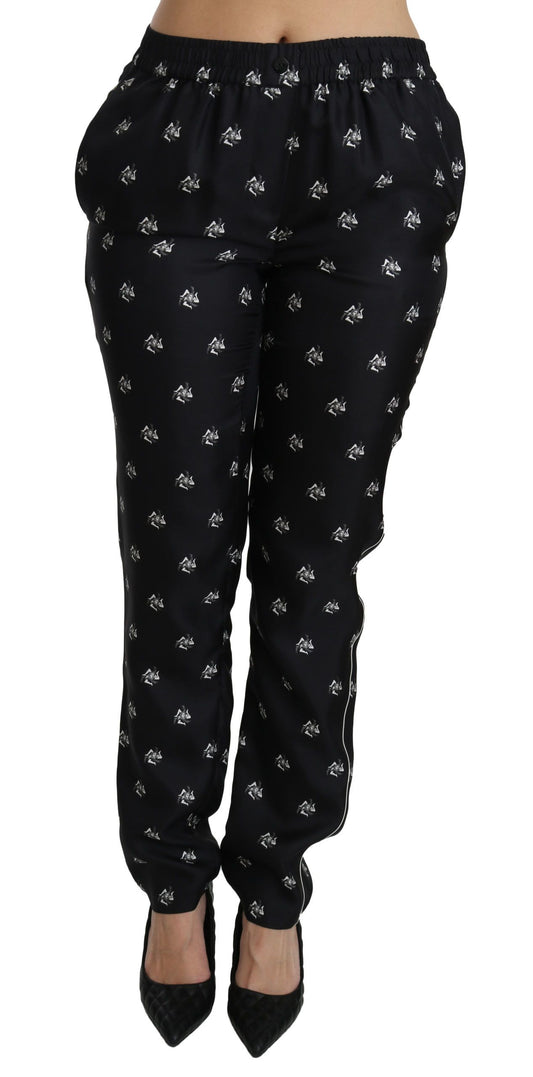 Dolce &amp; Gabbana Black Printed Mid Waist Skinny Silk Pants