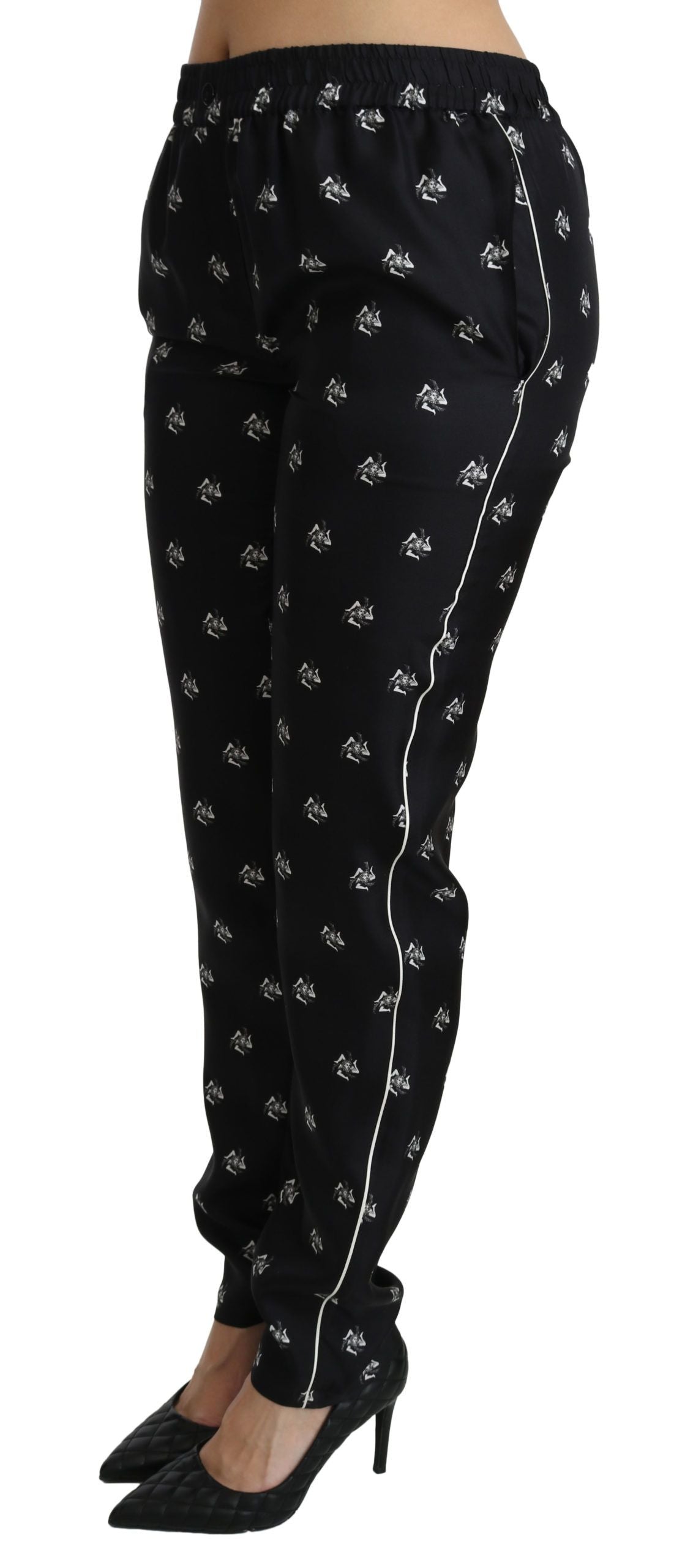 Dolce &amp; Gabbana Black Printed Mid Waist Skinny Silk Pants