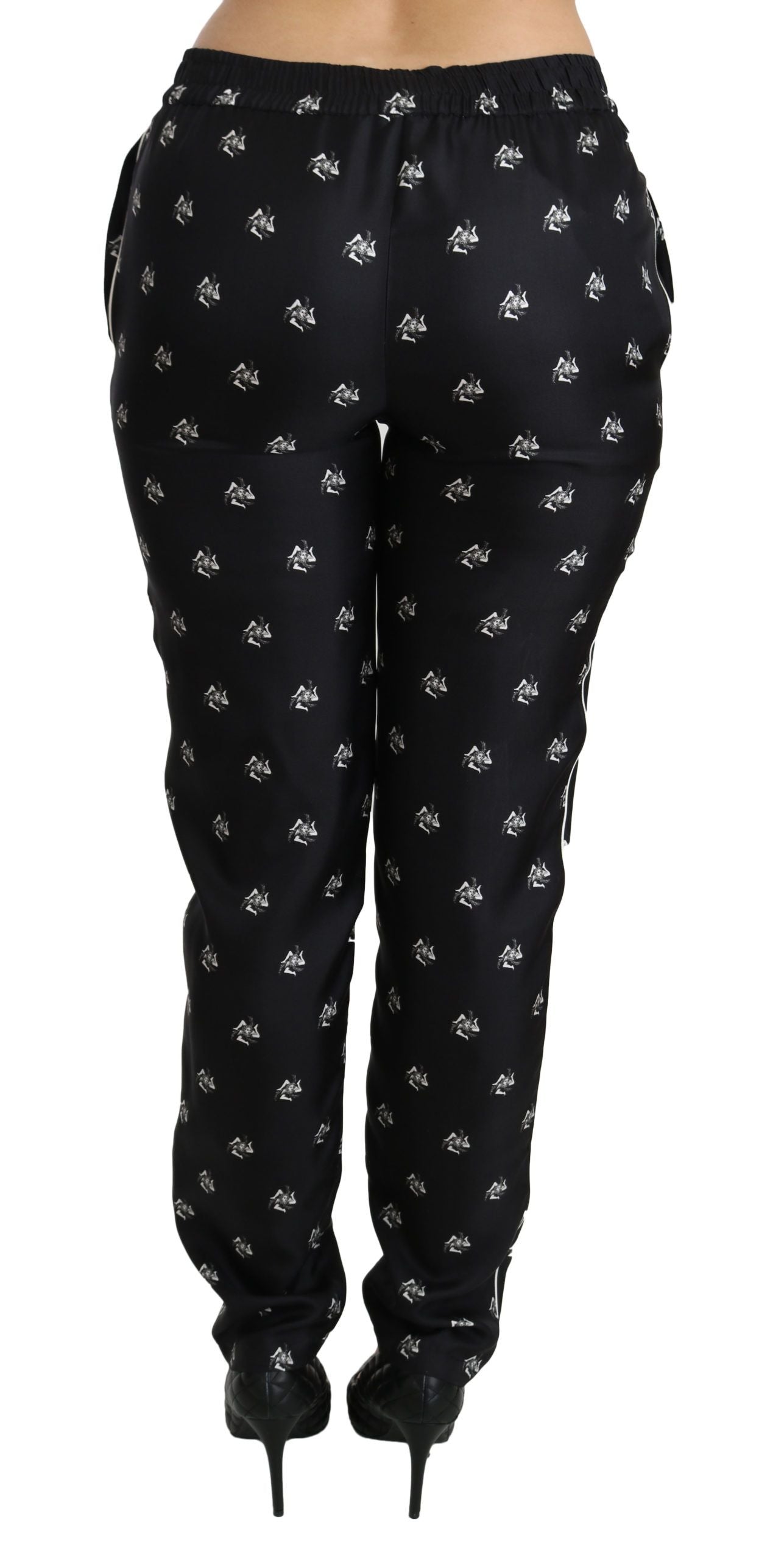 Dolce &amp; Gabbana Black Printed Mid Waist Skinny Silk Pants