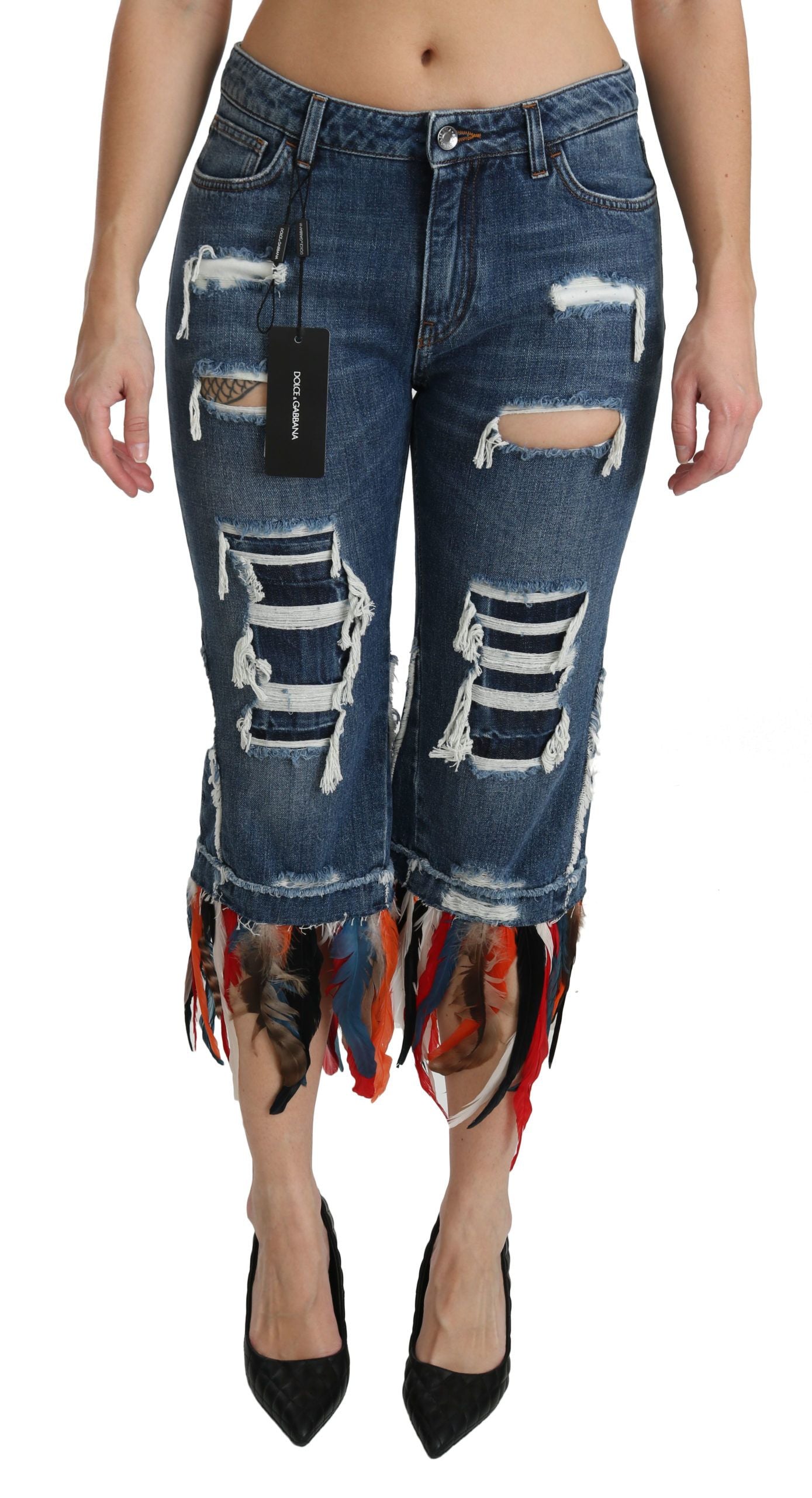 Dolce &amp; Gabbana Blue Feathers Low Waist Cropped Cotton Jeans