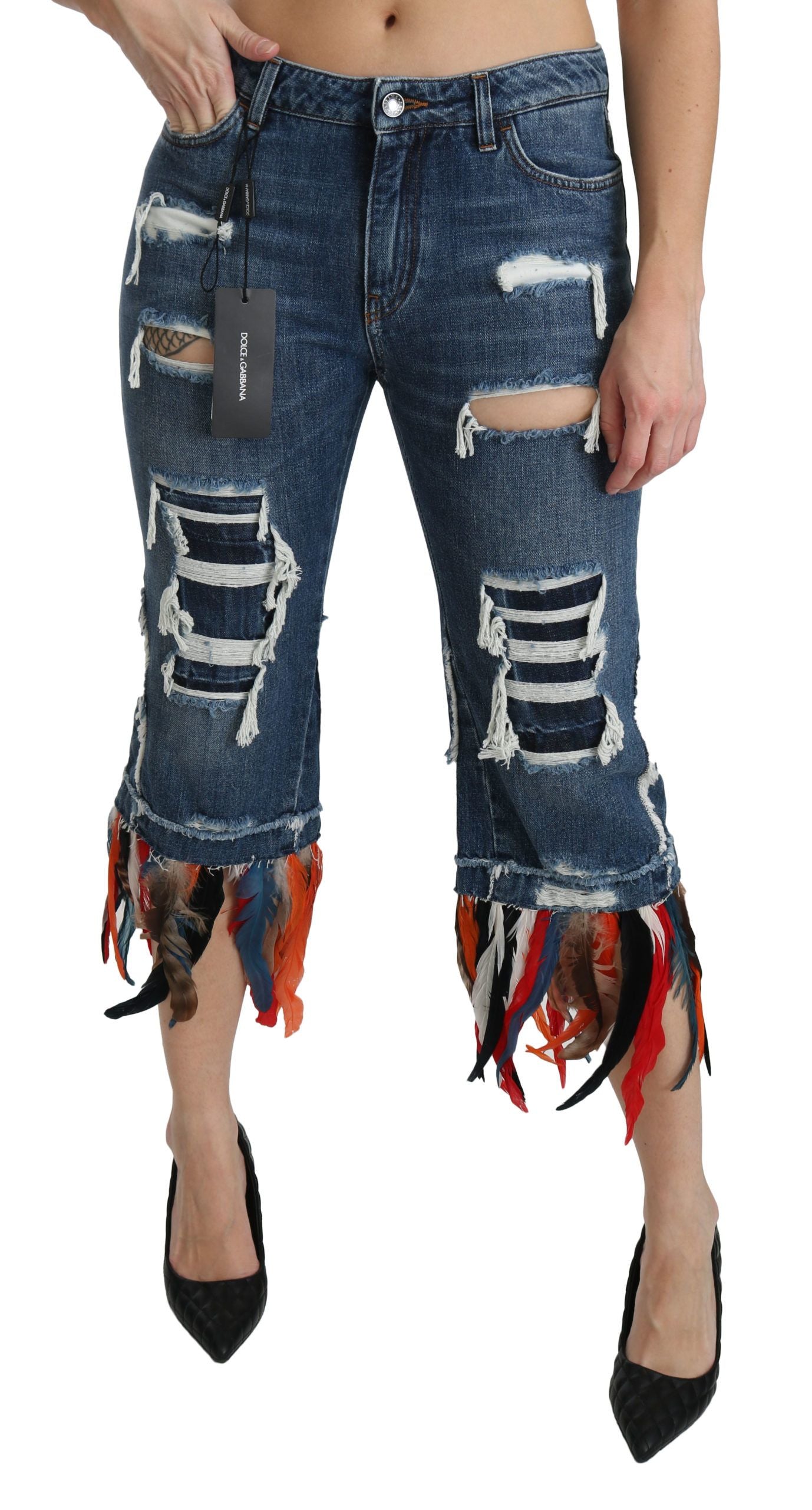 Dolce &amp; Gabbana Blue Feathers Low Waist Cropped Cotton Jeans