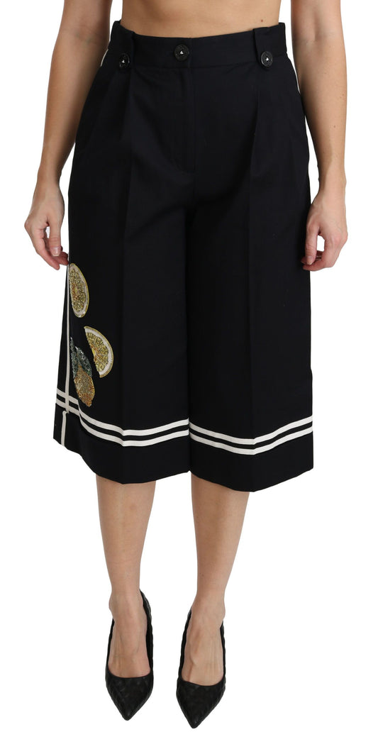 Dolce &amp; Gabbana Black Lemon Embellished Palazzo Cropped Pants