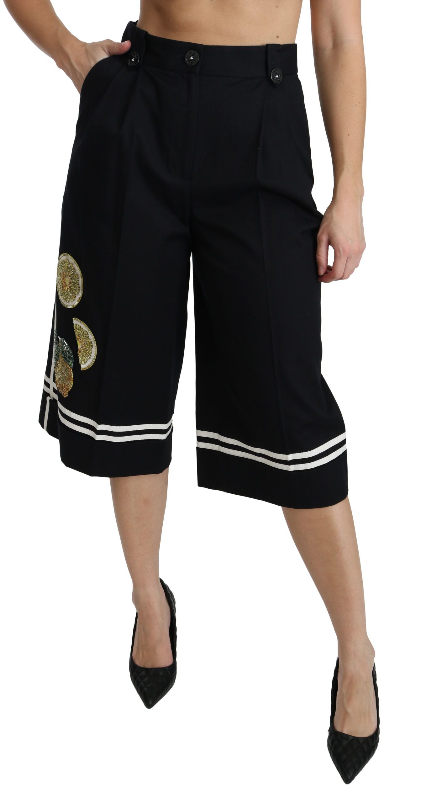 Dolce &amp; Gabbana Black Lemon Embellished Palazzo Cropped Pants