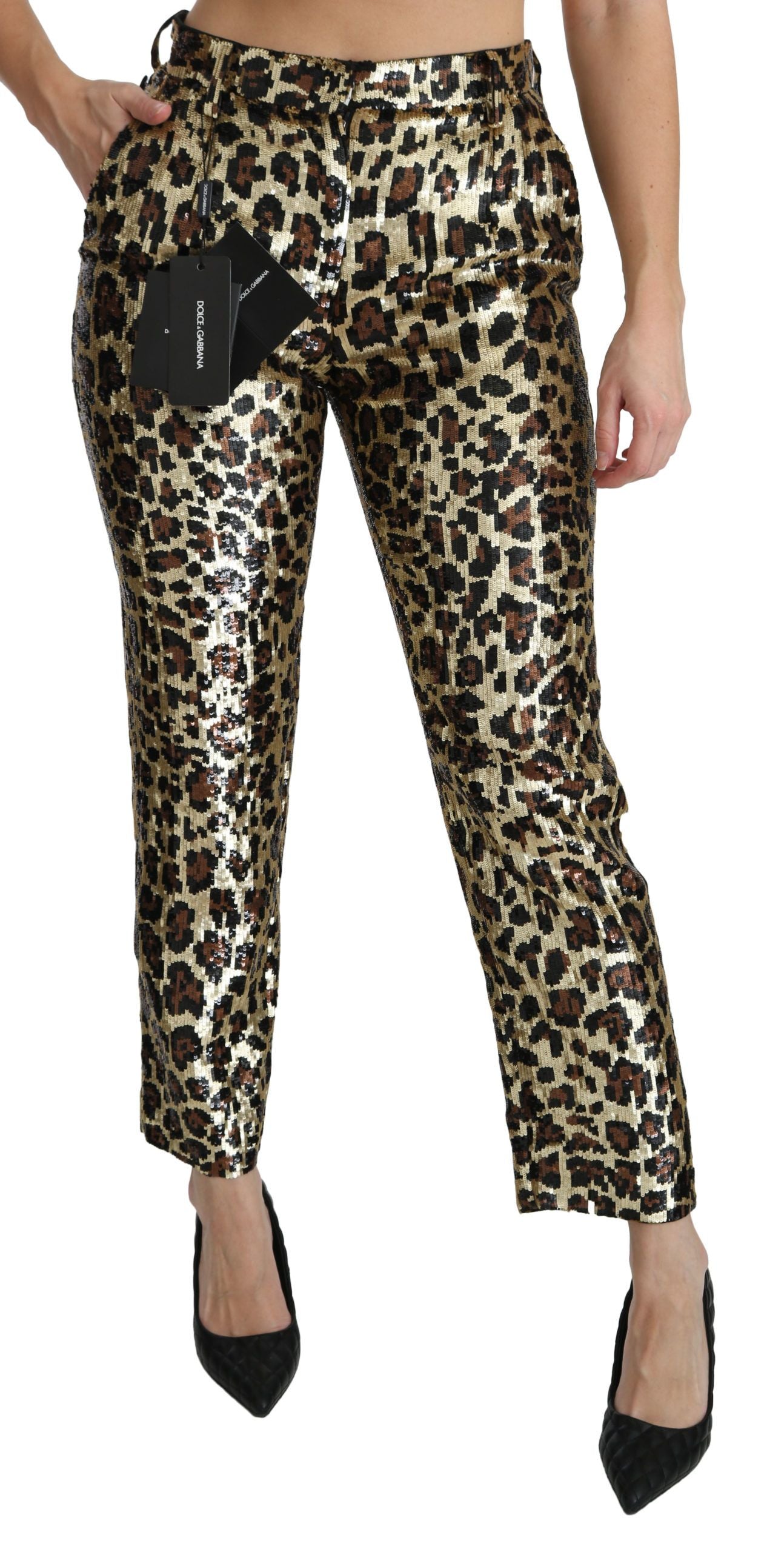 Dolce &amp; Gabbana Brown Leopard Sequined High Waist Pants