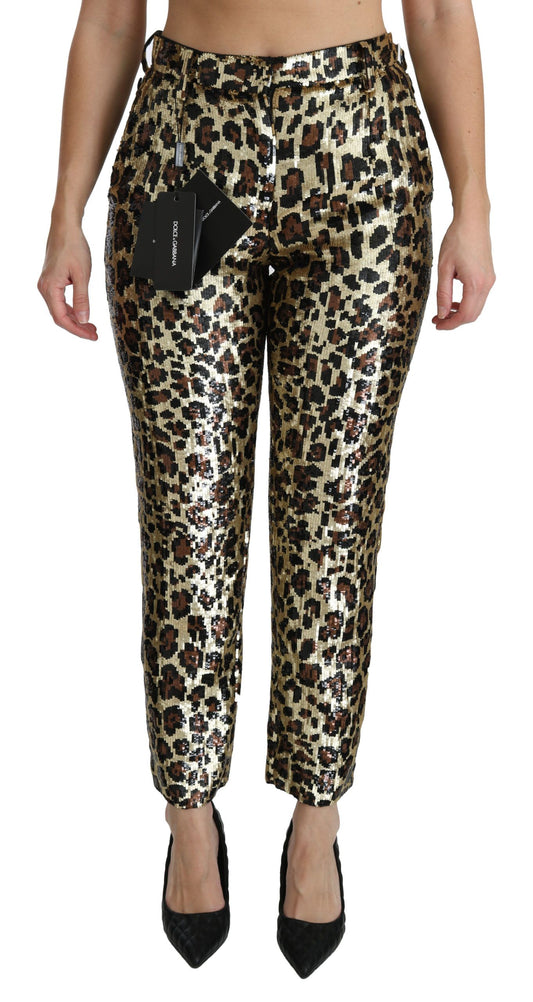 Dolce &amp; Gabbana Braune Hose mit hoher Taille und Leoparden-Pailletten