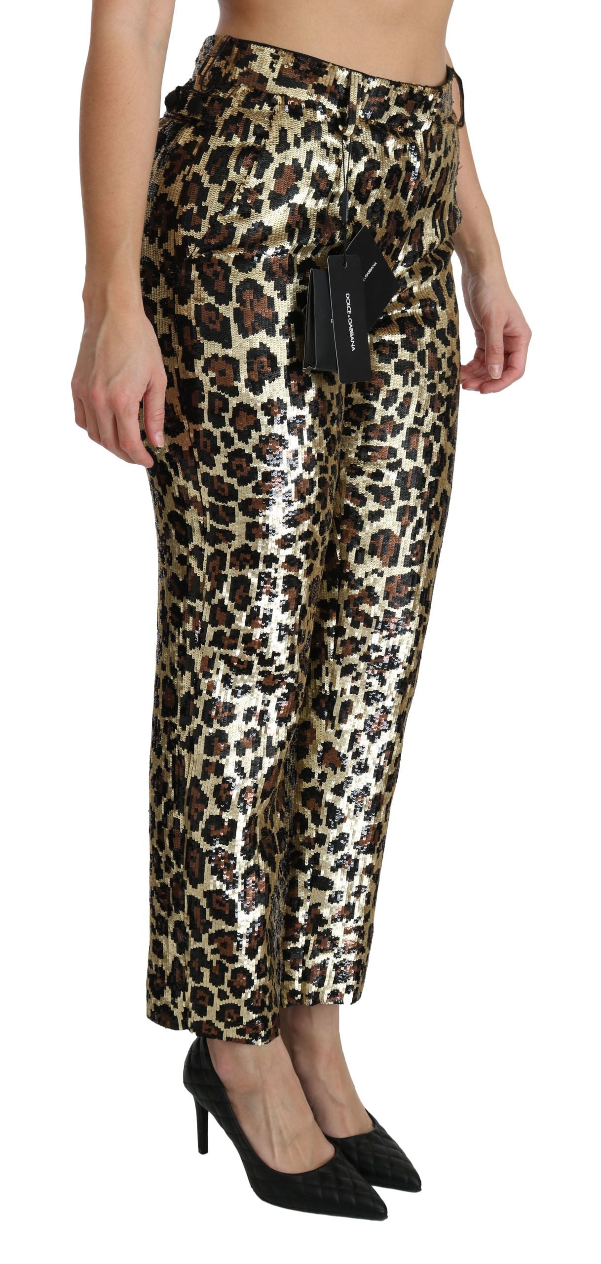 Dolce &amp; Gabbana Brown Leopard Sequined High Waist Pants