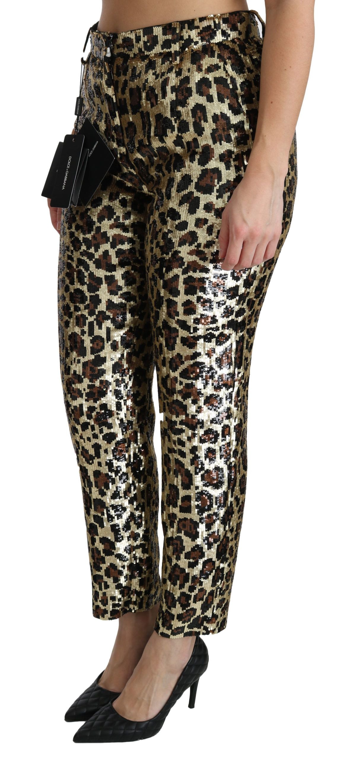 Dolce &amp; Gabbana Braune Hose mit hoher Taille und Leoparden-Pailletten