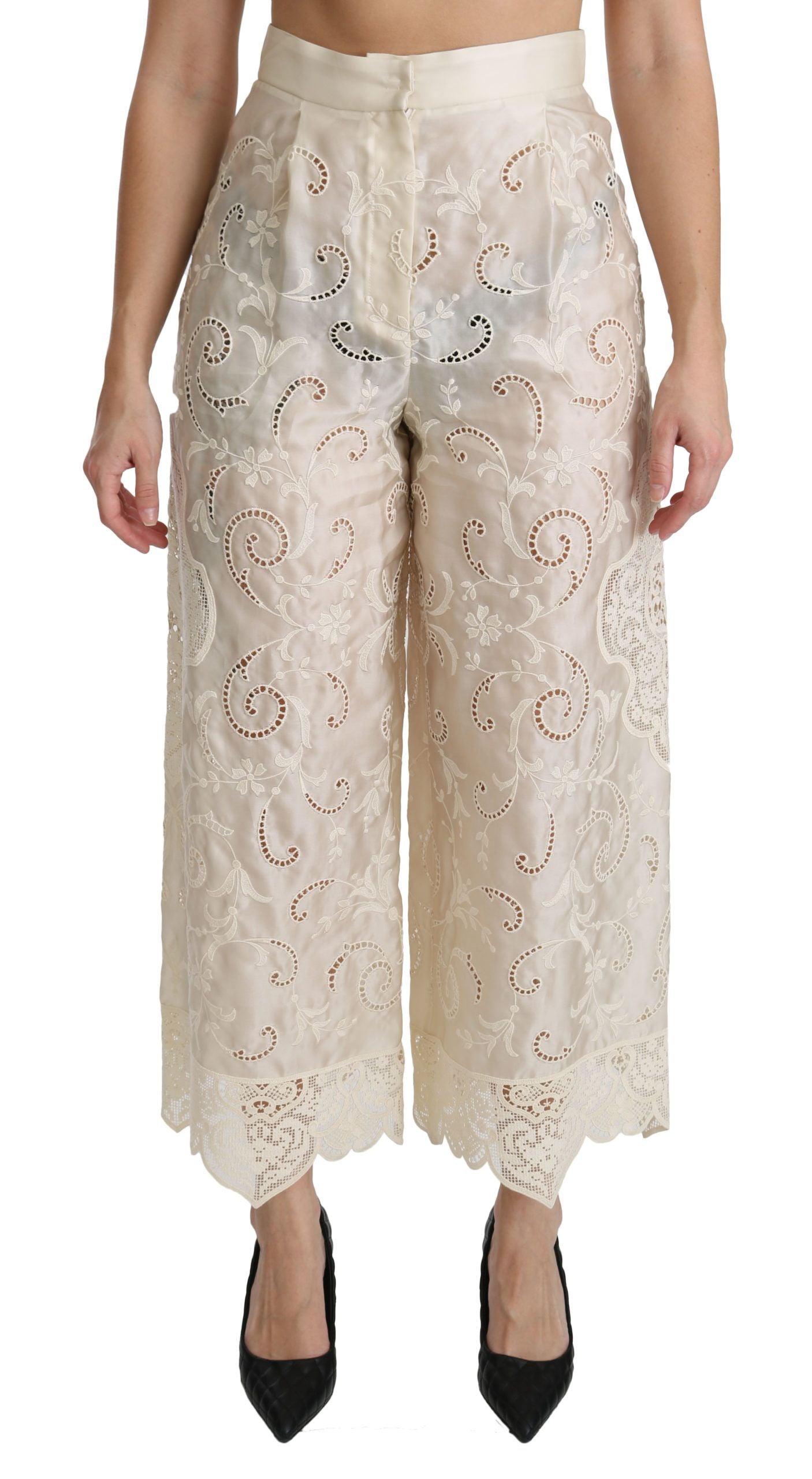 Dolce &amp; Gabbana Cream Lace High Waist Palazzo Cropped Pants