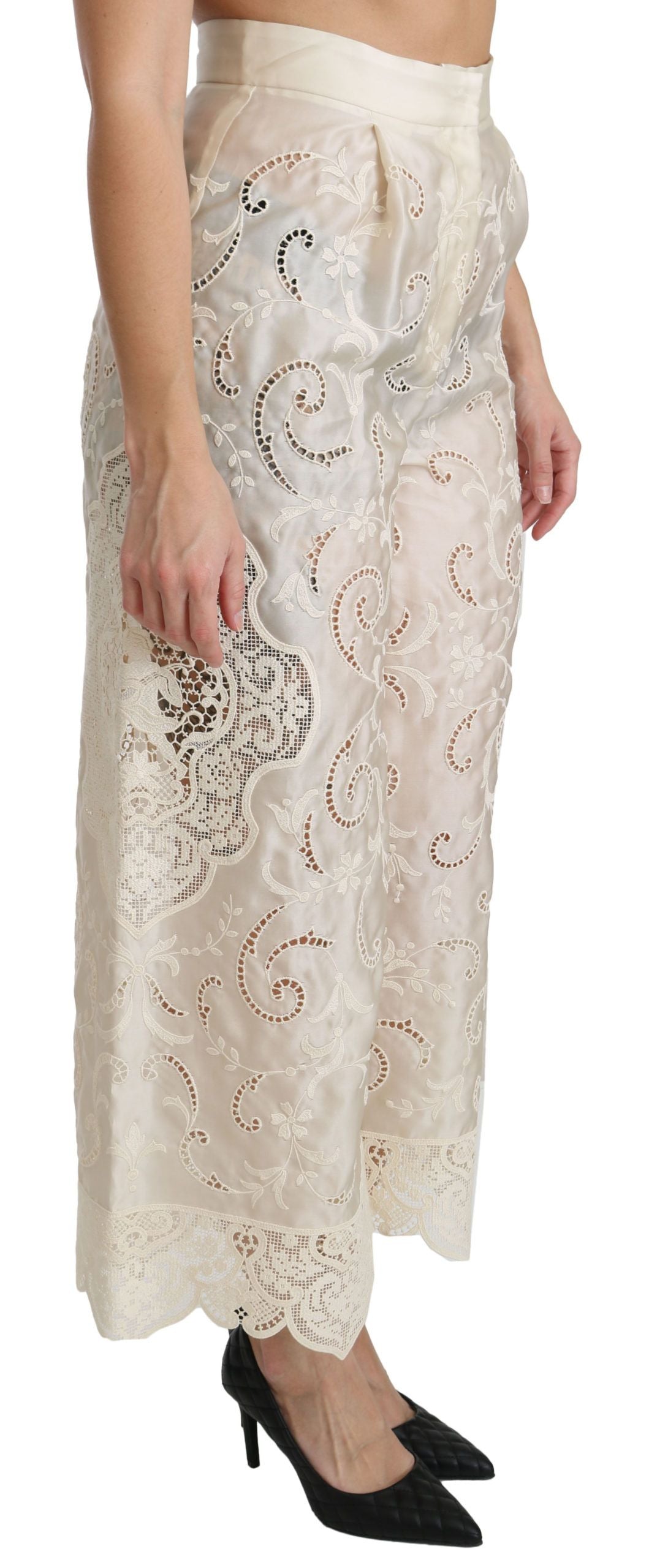 Dolce &amp; Gabbana Cream Lace High Waist Palazzo Cropped Pants