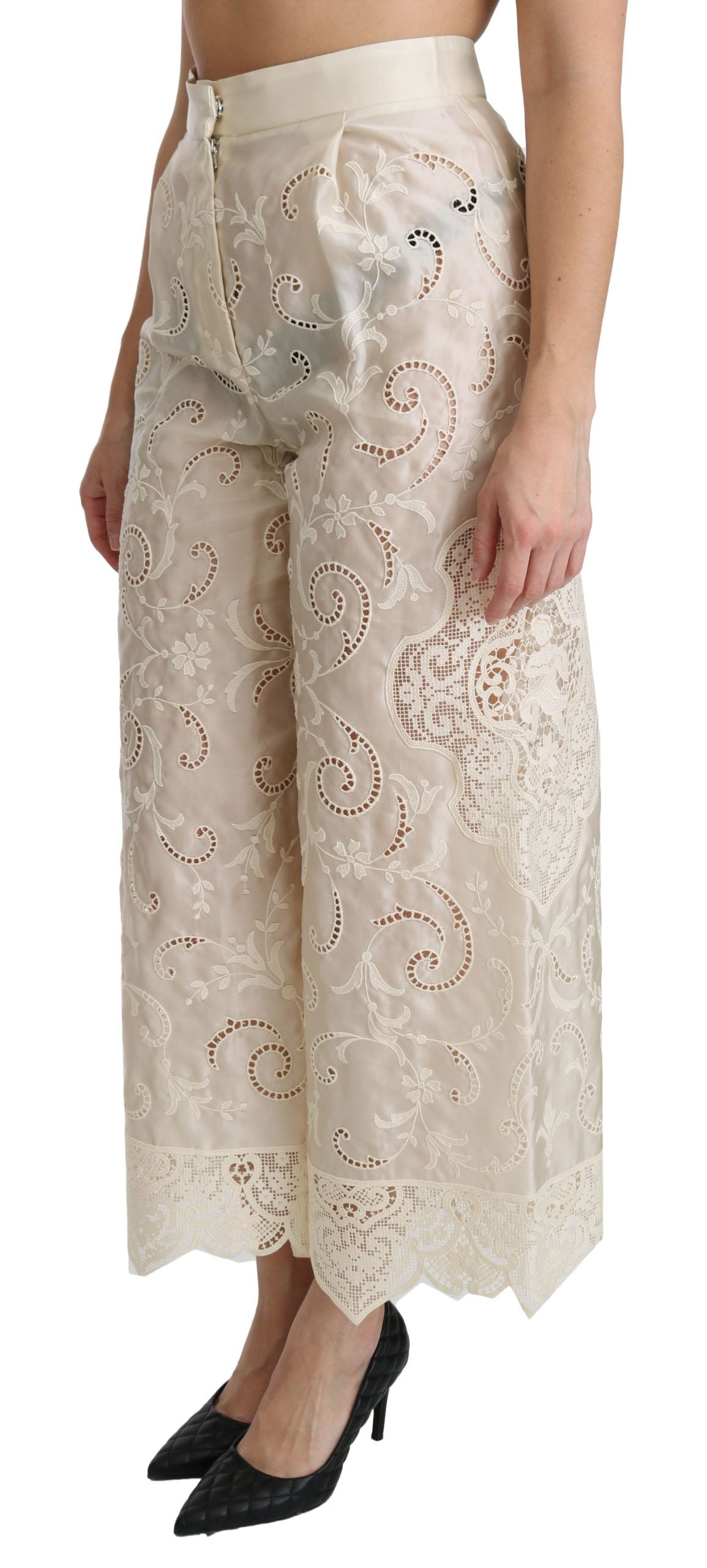 Dolce &amp; Gabbana Cream Lace High Waist Palazzo Cropped Pants