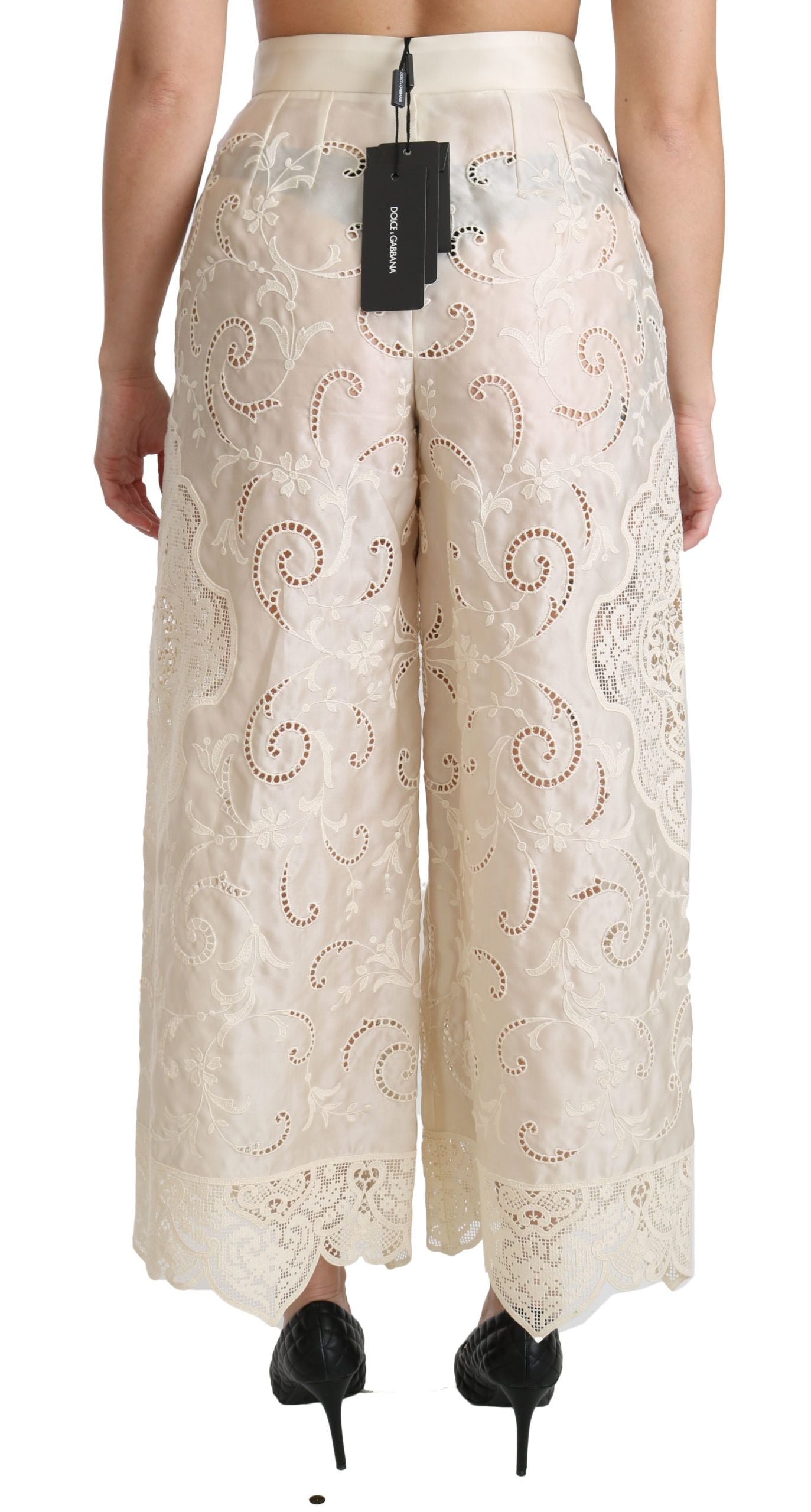 Dolce &amp; Gabbana Cream Lace High Waist Palazzo Cropped Pants