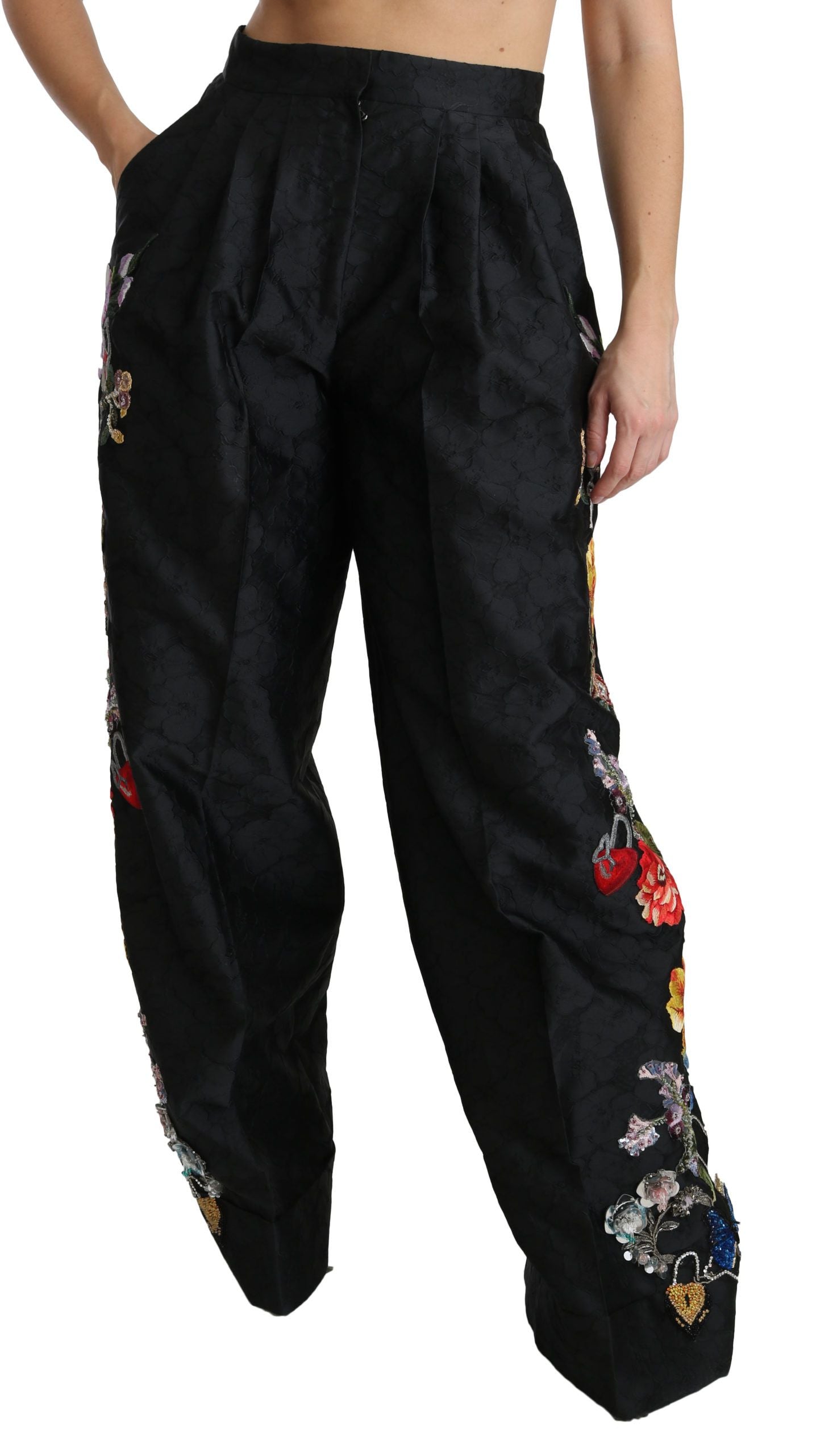 Dolce &amp; Gabbana Schwarze Brokat-Hose mit floralen Pailletten und Perlen