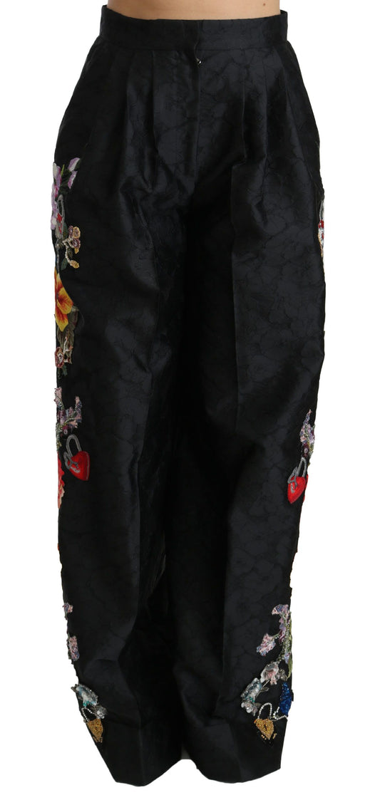 Dolce &amp; Gabbana Black Brocade Floral Sequined Beaded Pants