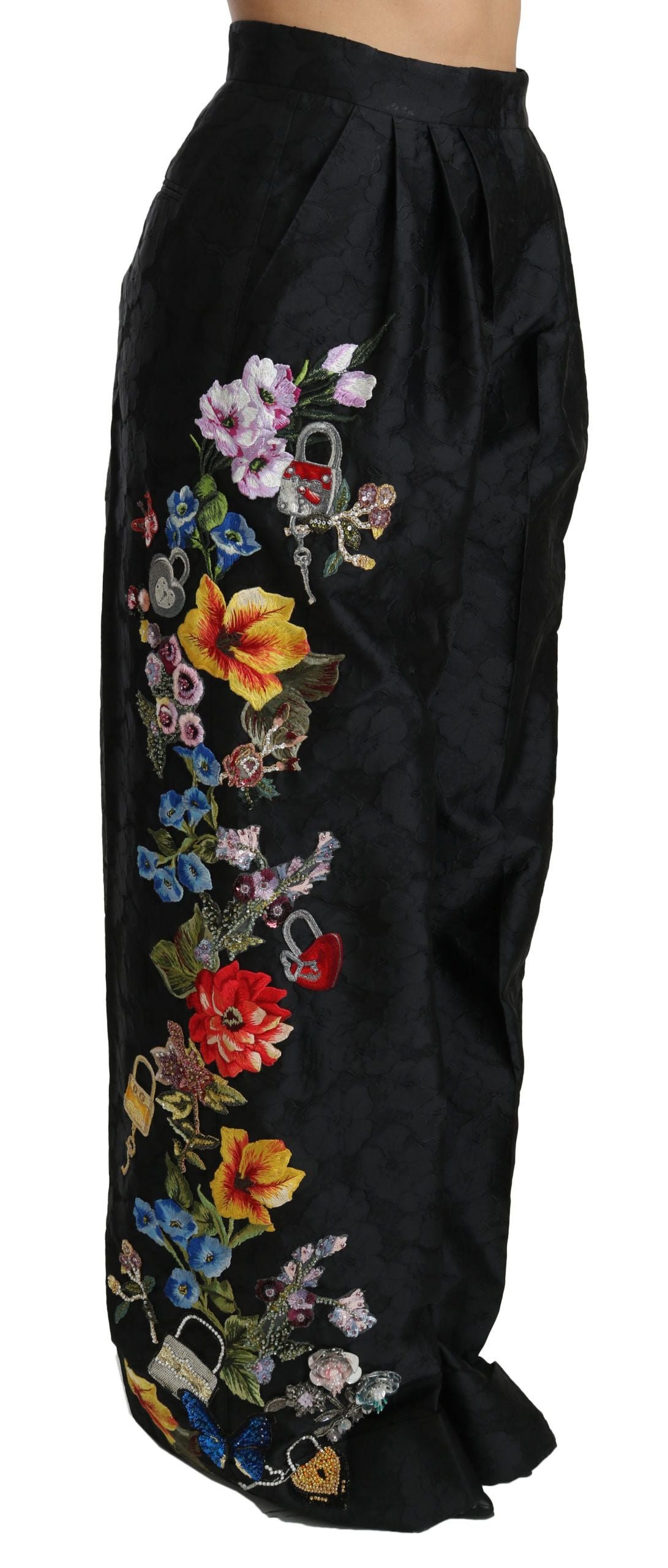 Dolce &amp; Gabbana Black Brocade Floral Sequined Beaded Pants