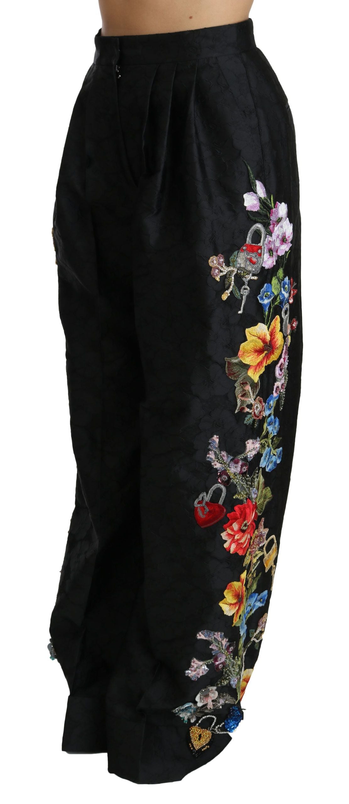 Dolce &amp; Gabbana Black Brocade Floral Sequined Beaded Pants