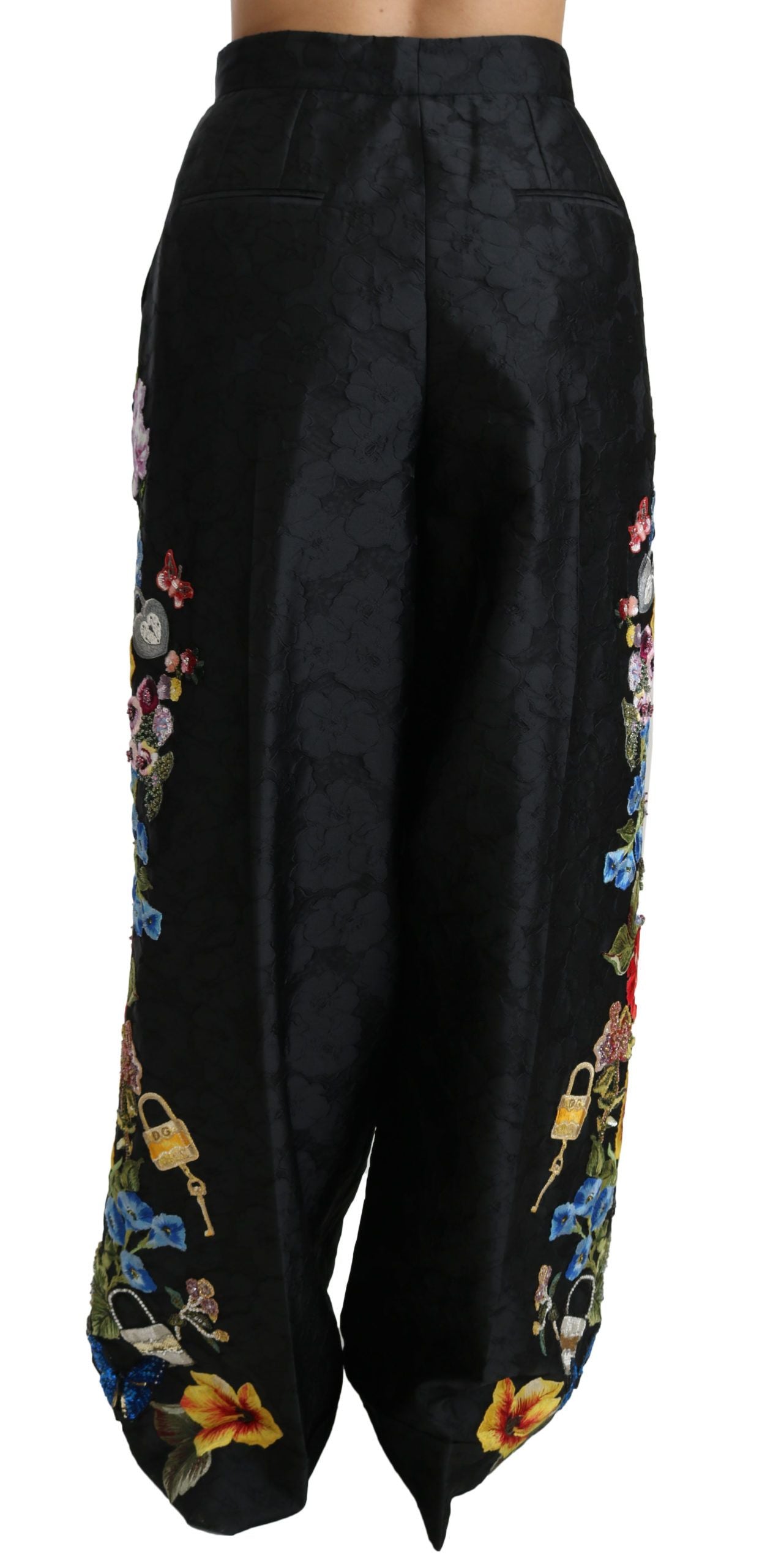 Dolce &amp; Gabbana Schwarze Brokat-Hose mit floralen Pailletten und Perlen