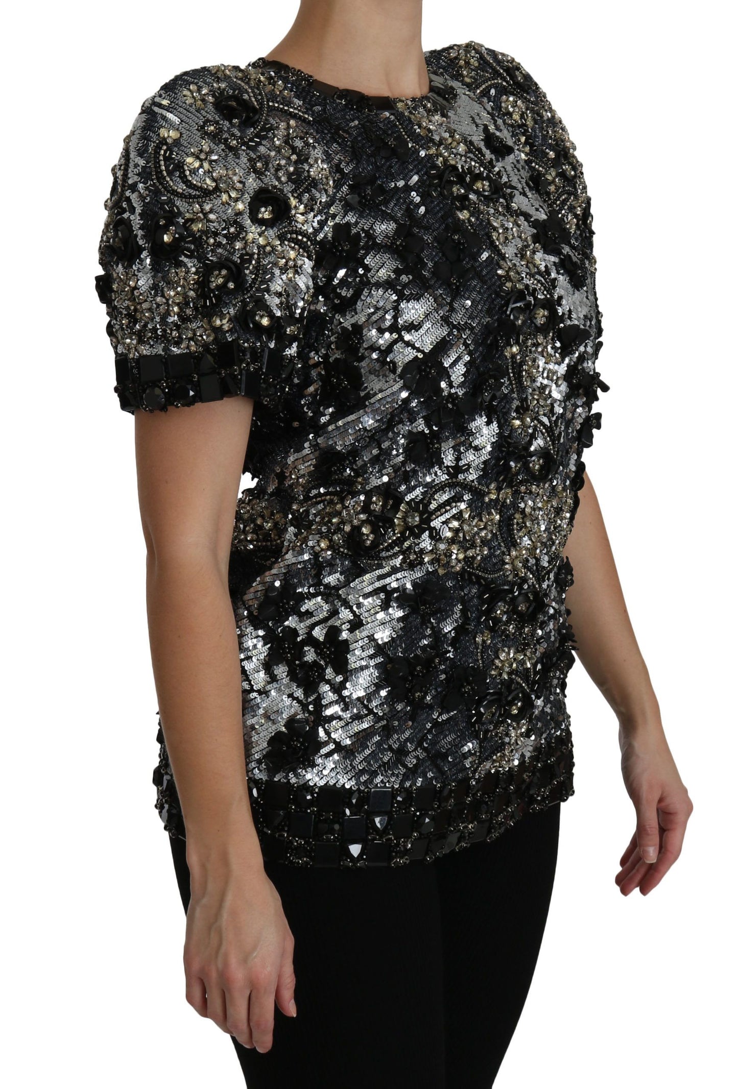 Dolce &amp; Gabbana Black Sequined Crystal Embellished Top Blouse