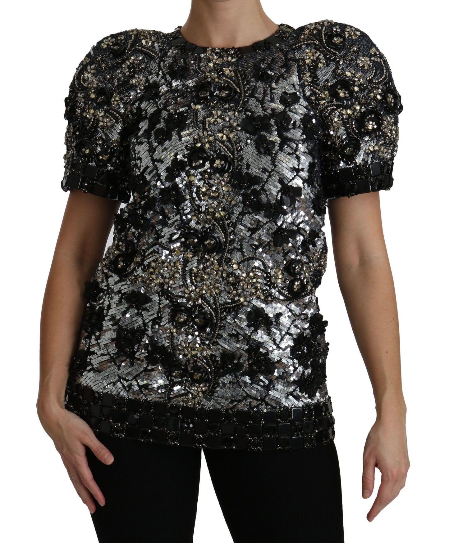 Dolce &amp; Gabbana Black Sequined Crystal Embellished Top Blouse