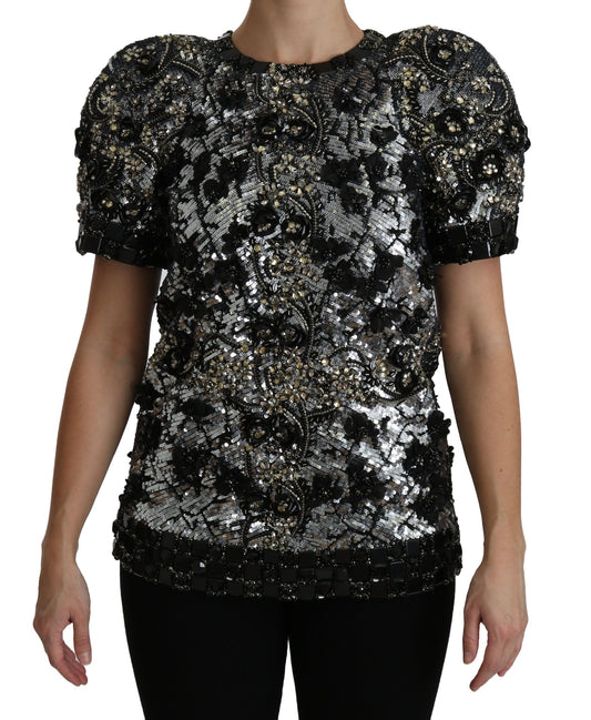 Dolce &amp; Gabbana Black Sequined Crystal Embellished Top Blouse