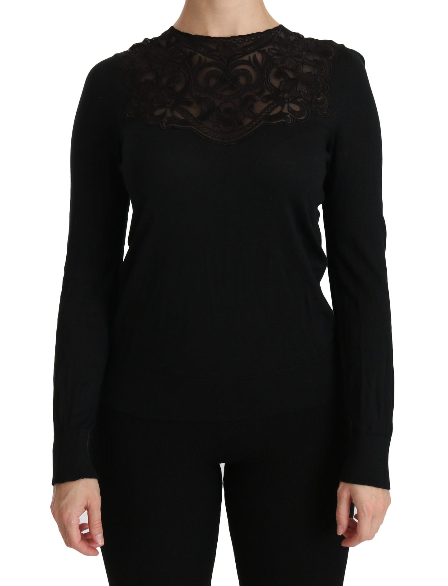 Dolce &amp; Gabbana Black Silk Lace Crew Neck Long Sleeve Blouse