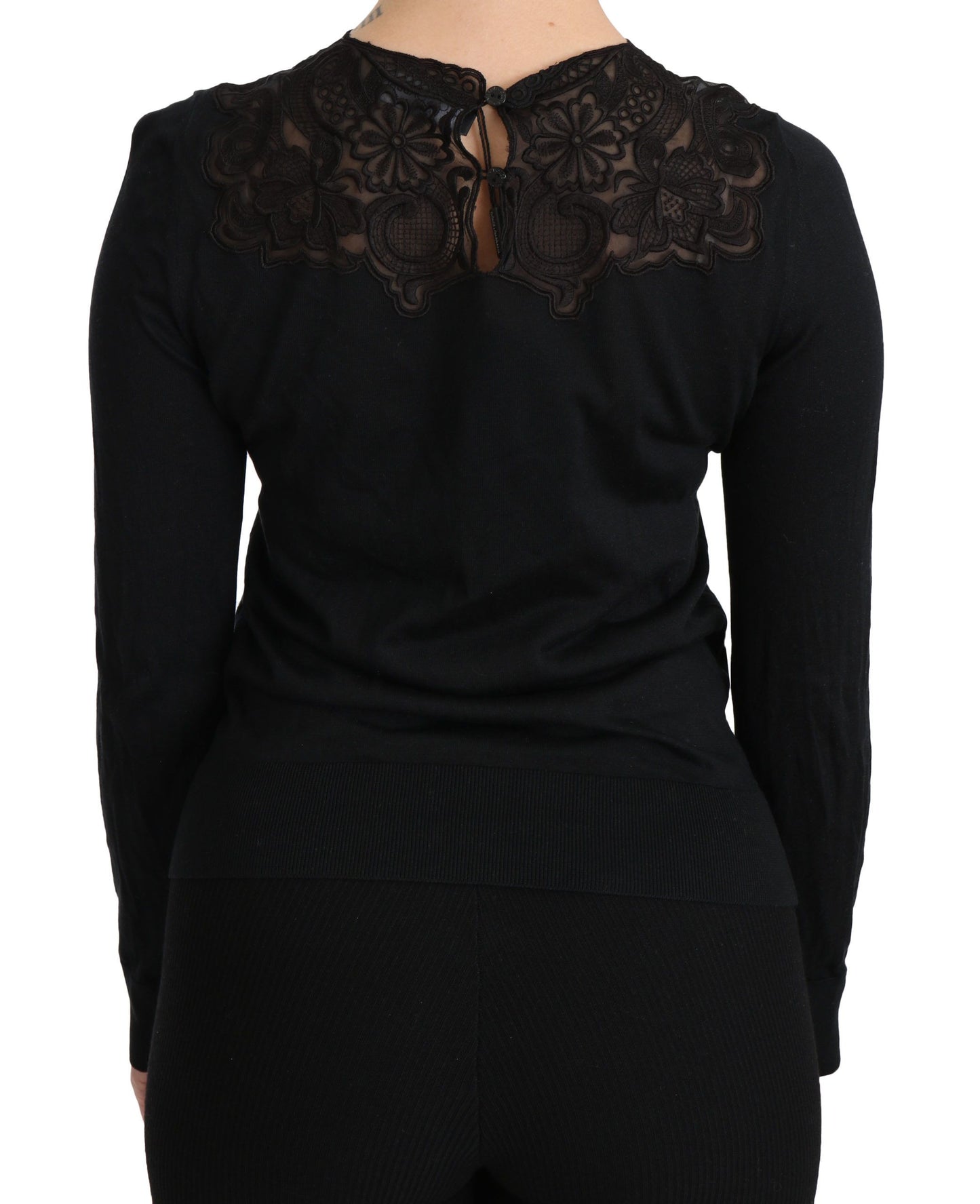 Dolce &amp; Gabbana Black Silk Lace Crew Neck Long Sleeve Blouse