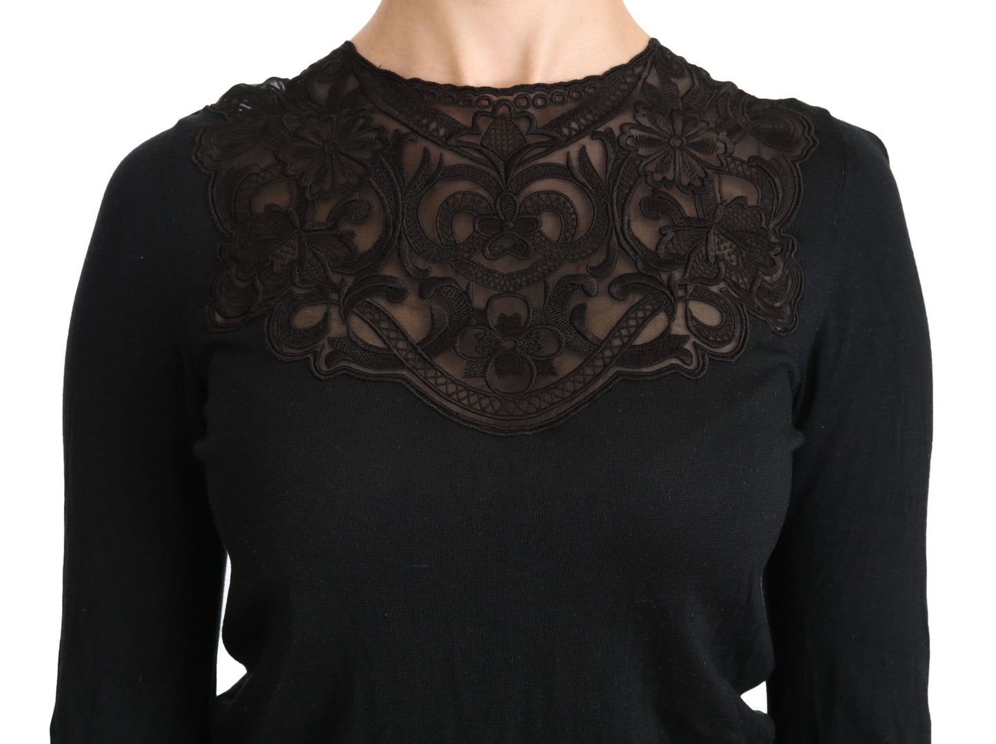 Dolce &amp; Gabbana Black Silk Lace Crew Neck Long Sleeve Blouse