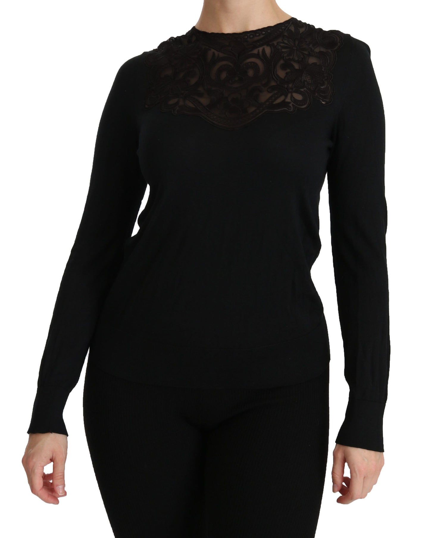 Dolce &amp; Gabbana Black Silk Lace Crew Neck Long Sleeve Blouse