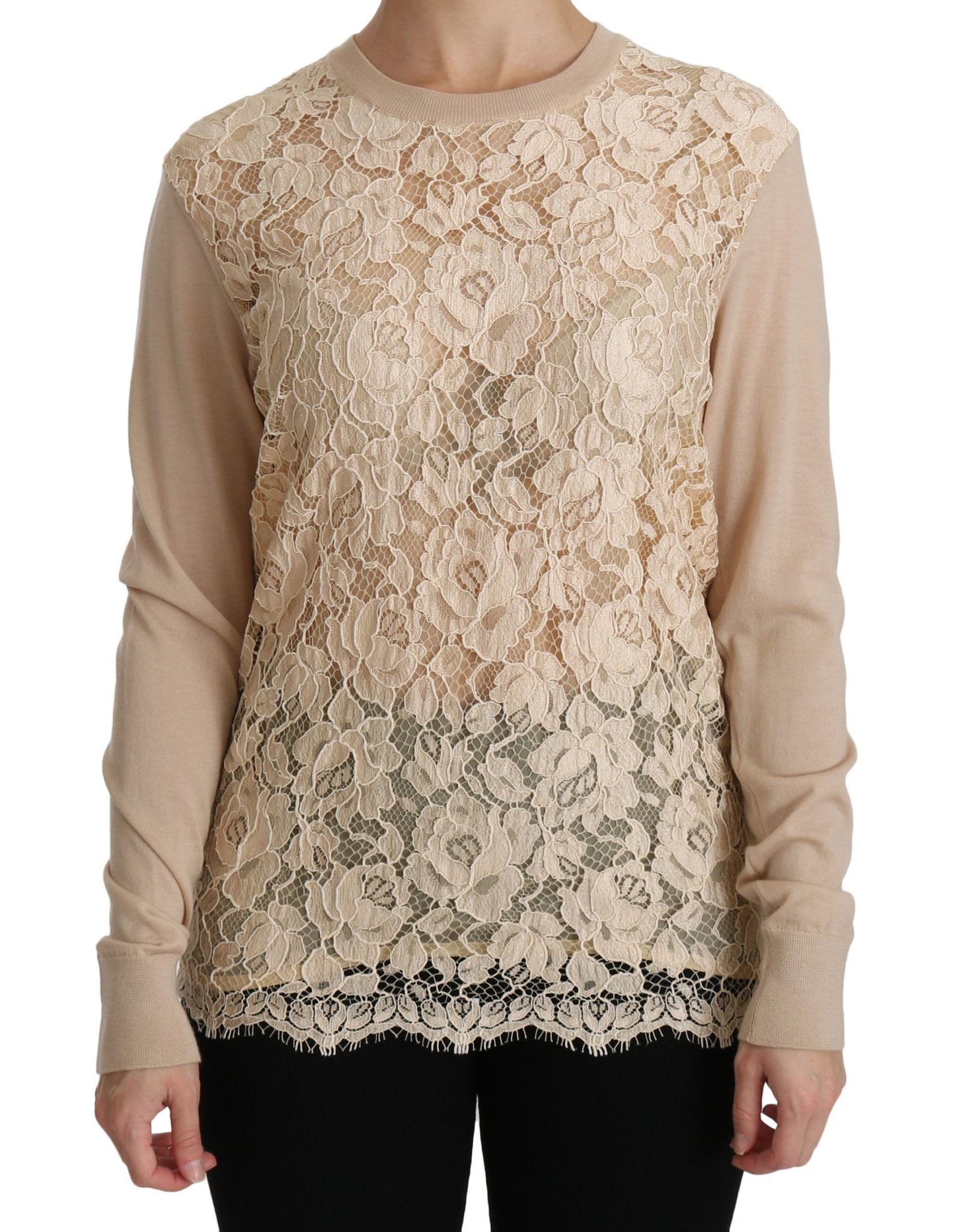 Dolce &amp; Gabbana Beige Lace Long Sleeve Top Cashmere Blouse