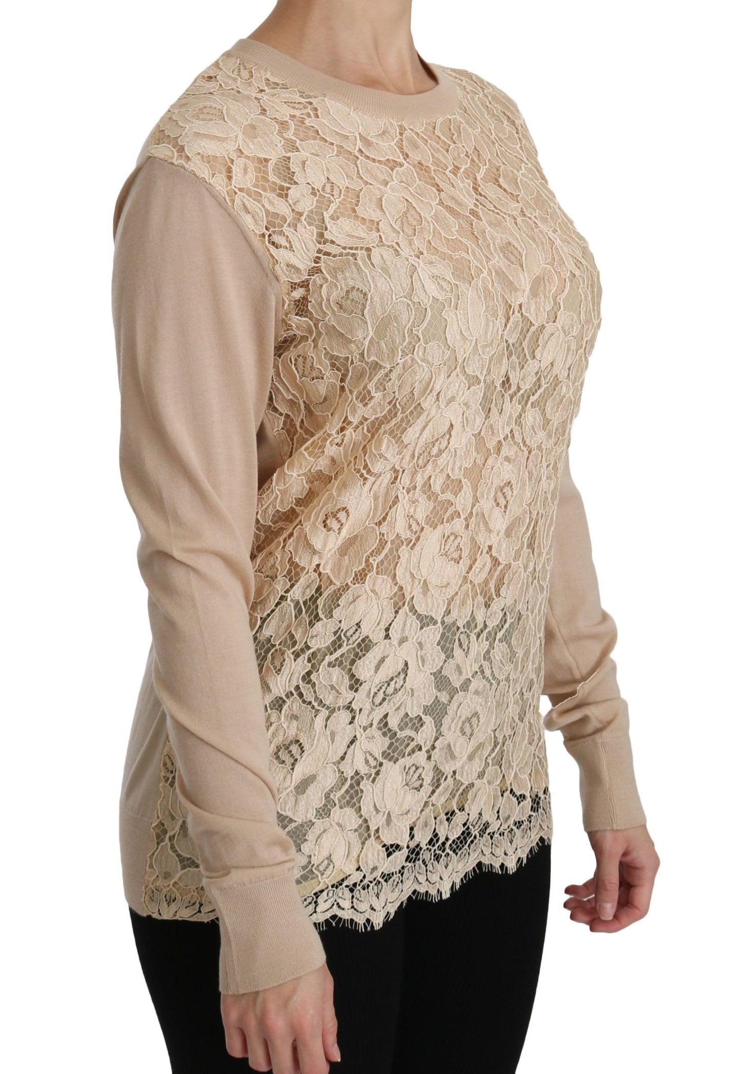 Dolce &amp; Gabbana Beige Lace Long Sleeve Top Cashmere Blouse