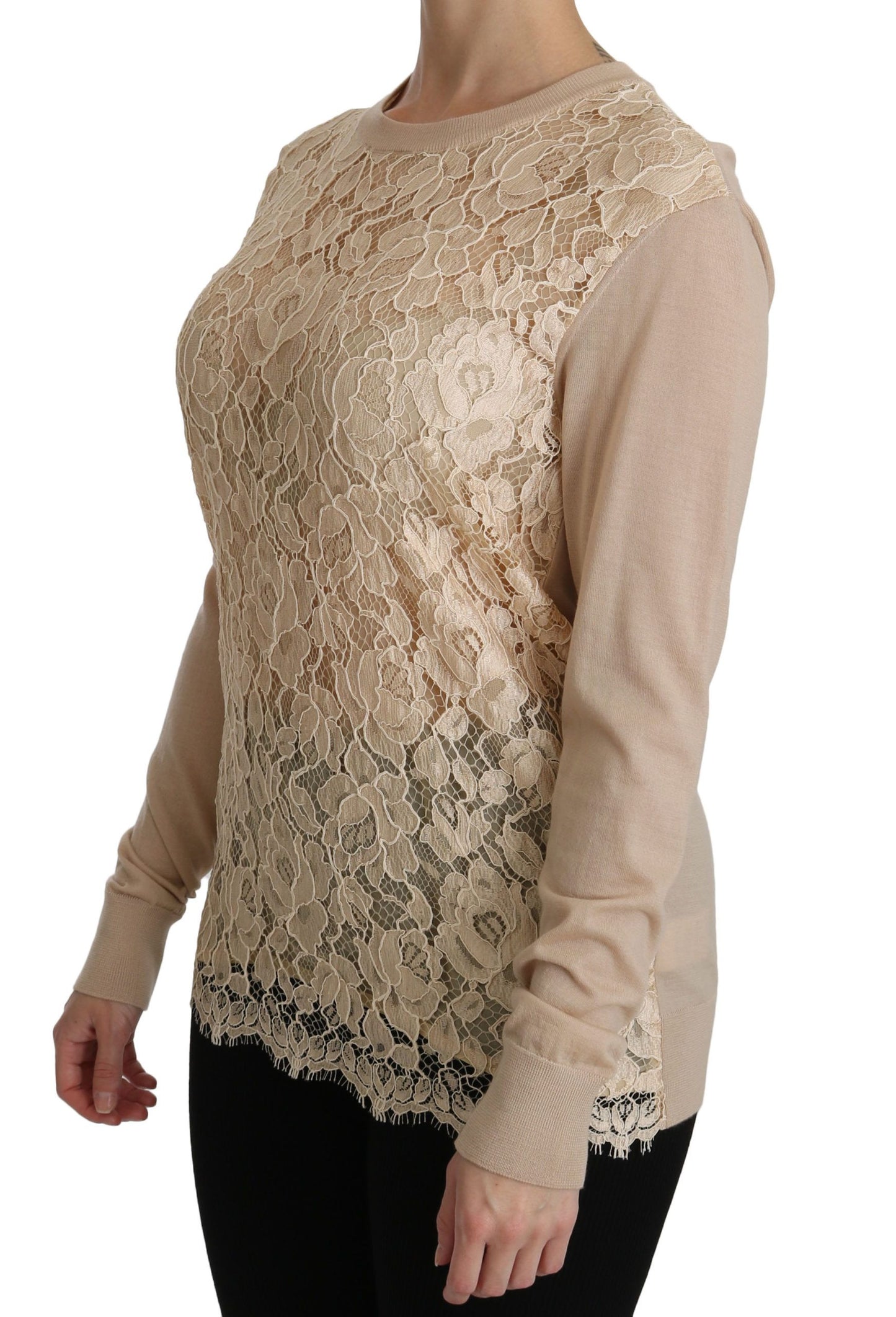 Dolce &amp; Gabbana Beige Lace Long Sleeve Top Cashmere Blouse