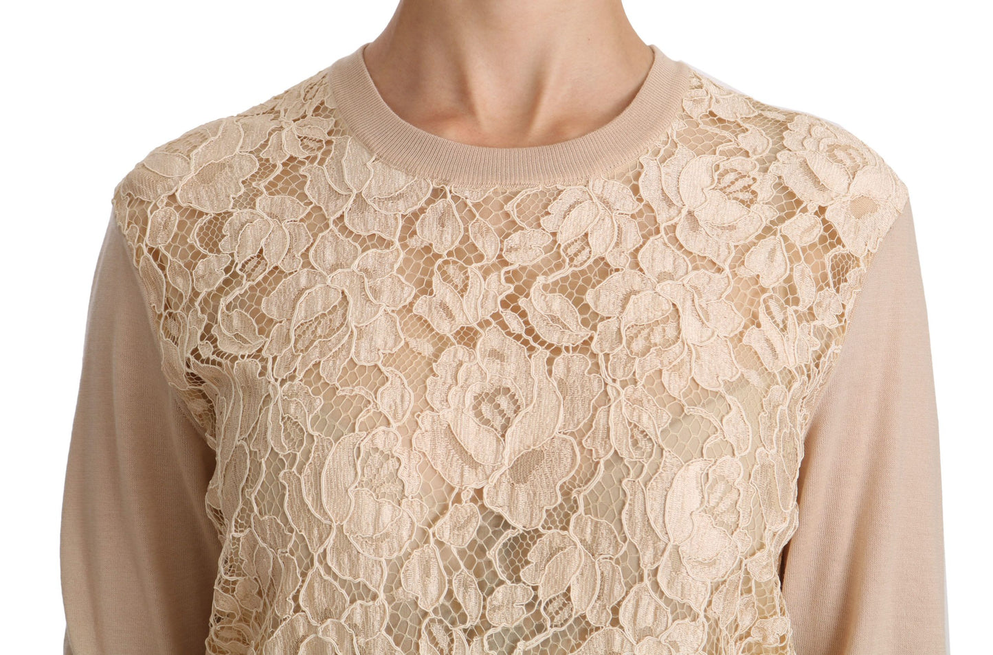 Dolce &amp; Gabbana Beige Lace Long Sleeve Top Cashmere Blouse