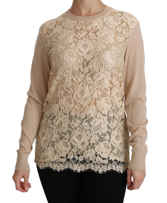 Dolce &amp; Gabbana Beige Lace Long Sleeve Top Cashmere Blouse