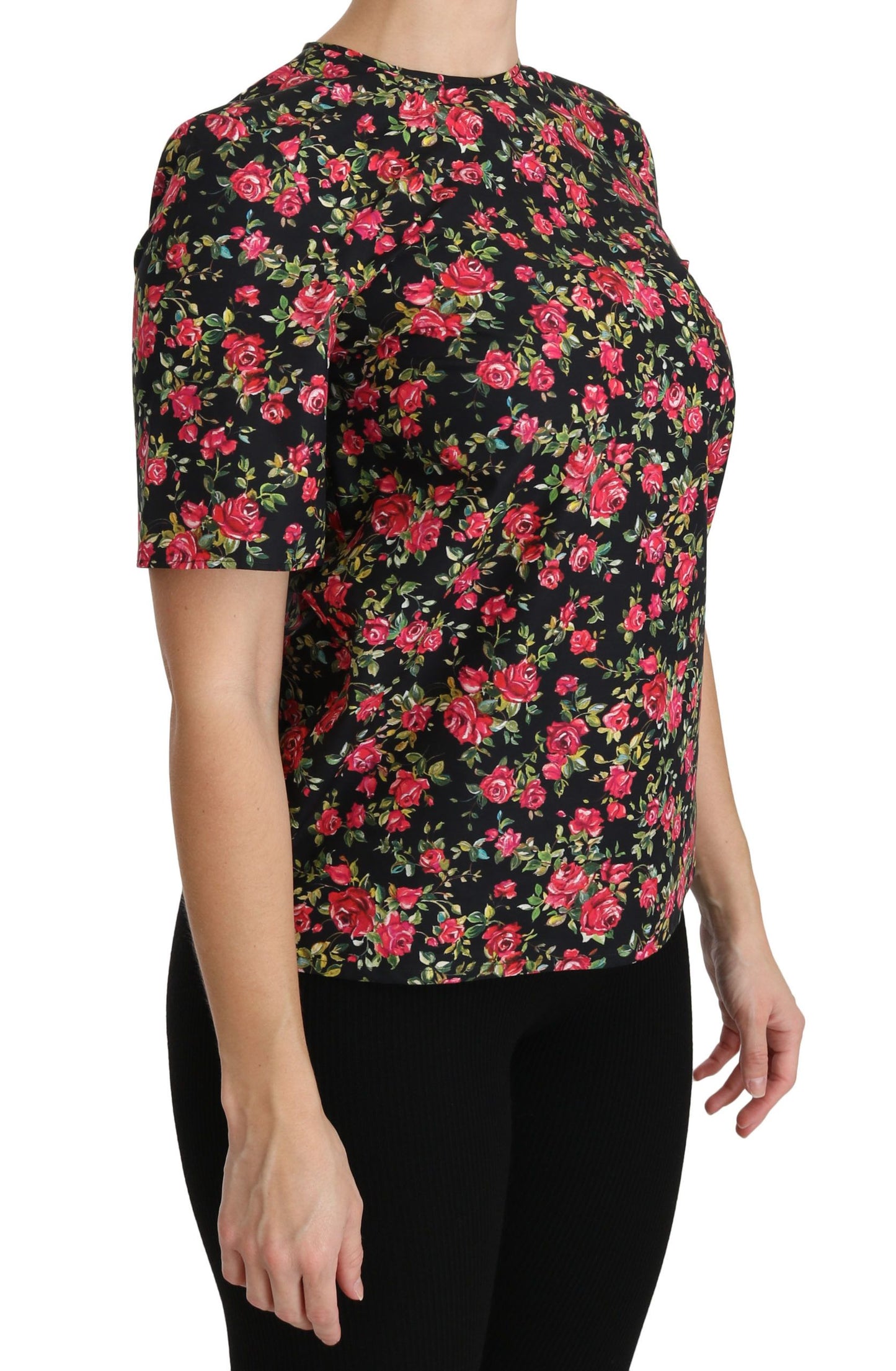 Dolce &amp; Gabbana Schwarze, kurzärmlige Top-Bluse mit Blumen- und Rosenmuster