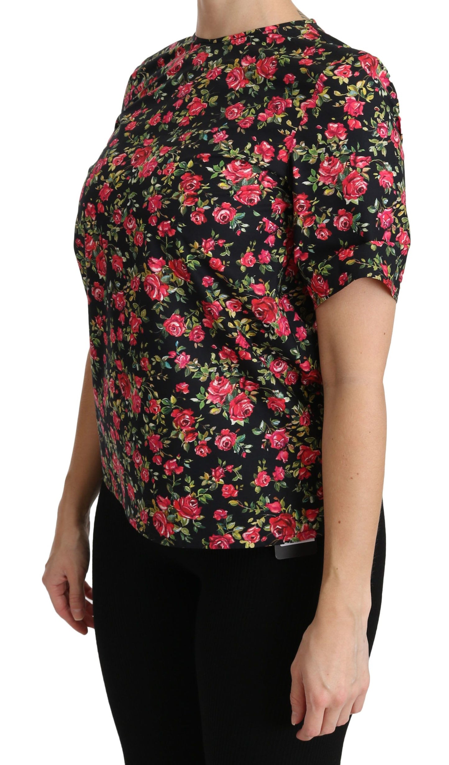 Dolce &amp; Gabbana Schwarze, kurzärmlige Top-Bluse mit Blumen- und Rosenmuster