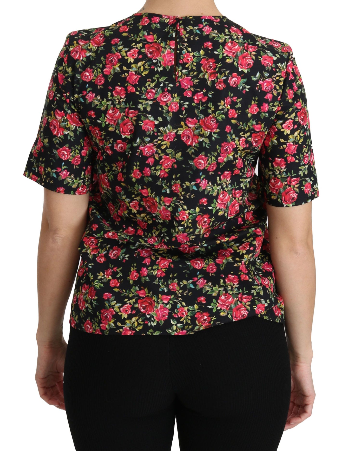 Dolce &amp; Gabbana Schwarze, kurzärmlige Top-Bluse mit Blumen- und Rosenmuster