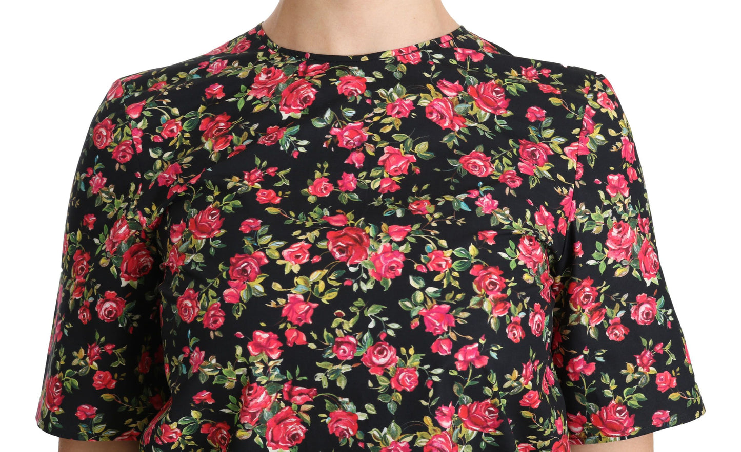 Dolce &amp; Gabbana Schwarze, kurzärmlige Top-Bluse mit Blumen- und Rosenmuster