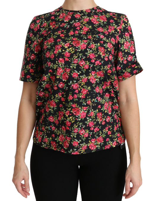 Dolce &amp; Gabbana Schwarze, kurzärmlige Top-Bluse mit Blumen- und Rosenmuster