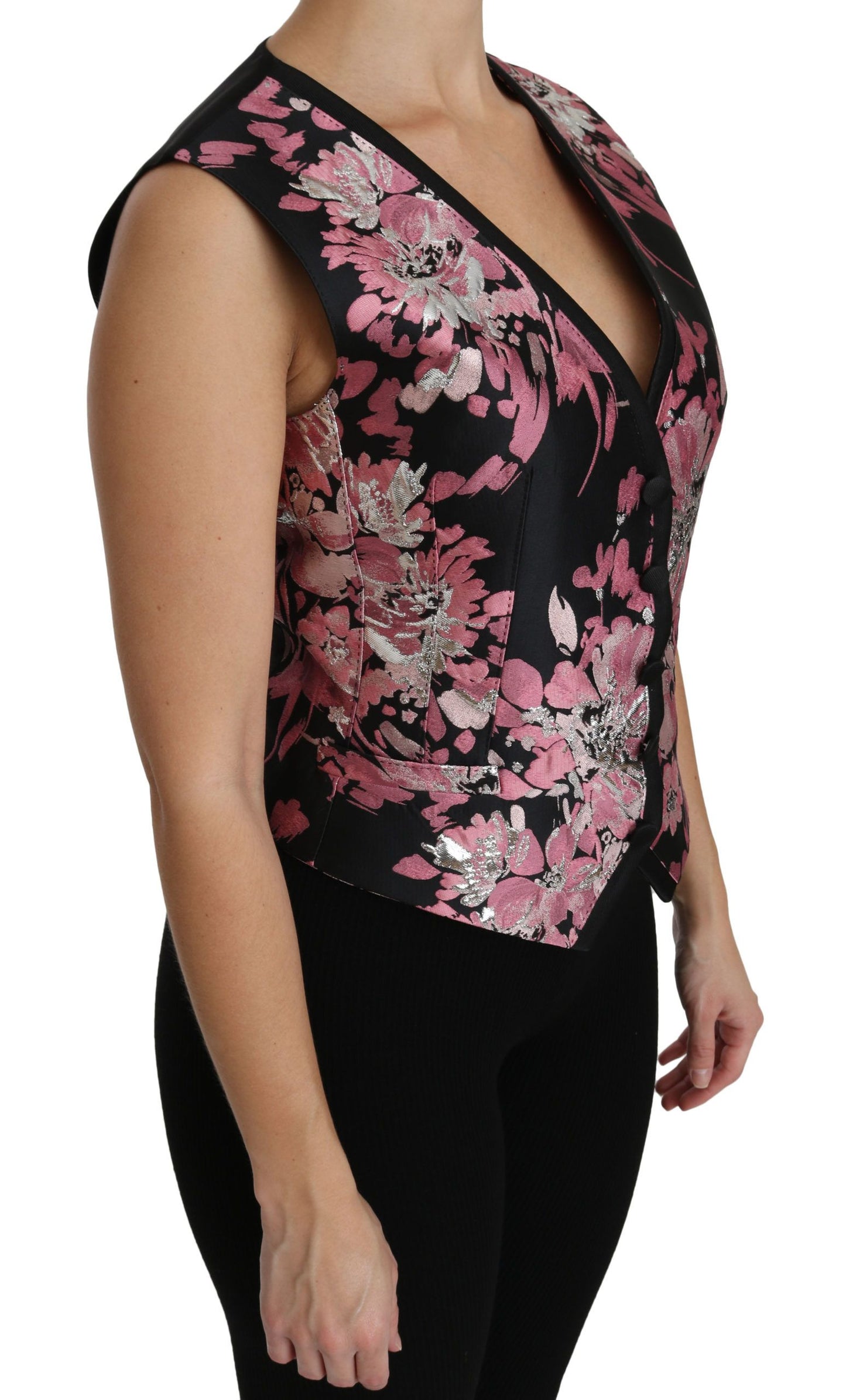 Dolce &amp; Gabbana Black Pink Floral Waistcoat Vest Blouse Top