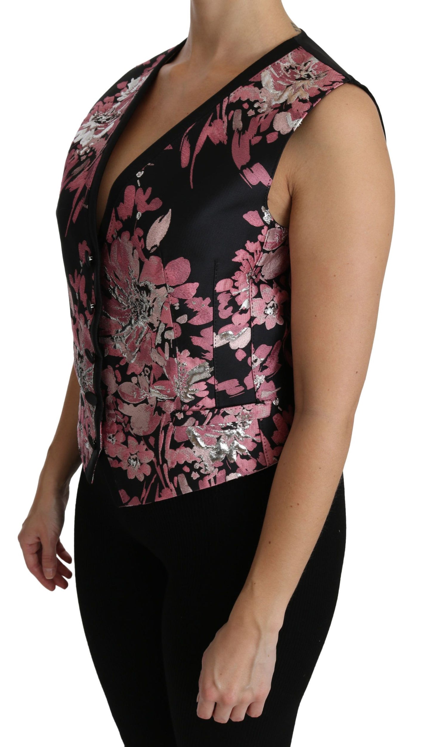 Dolce &amp; Gabbana Black Pink Floral Waistcoat Vest Blouse Top