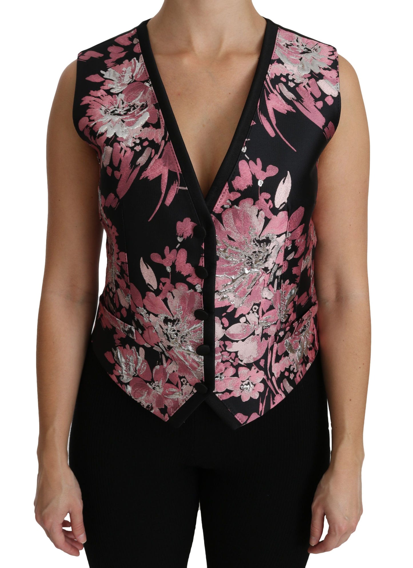 Dolce &amp; Gabbana Black Pink Floral Waistcoat Vest Blouse Top