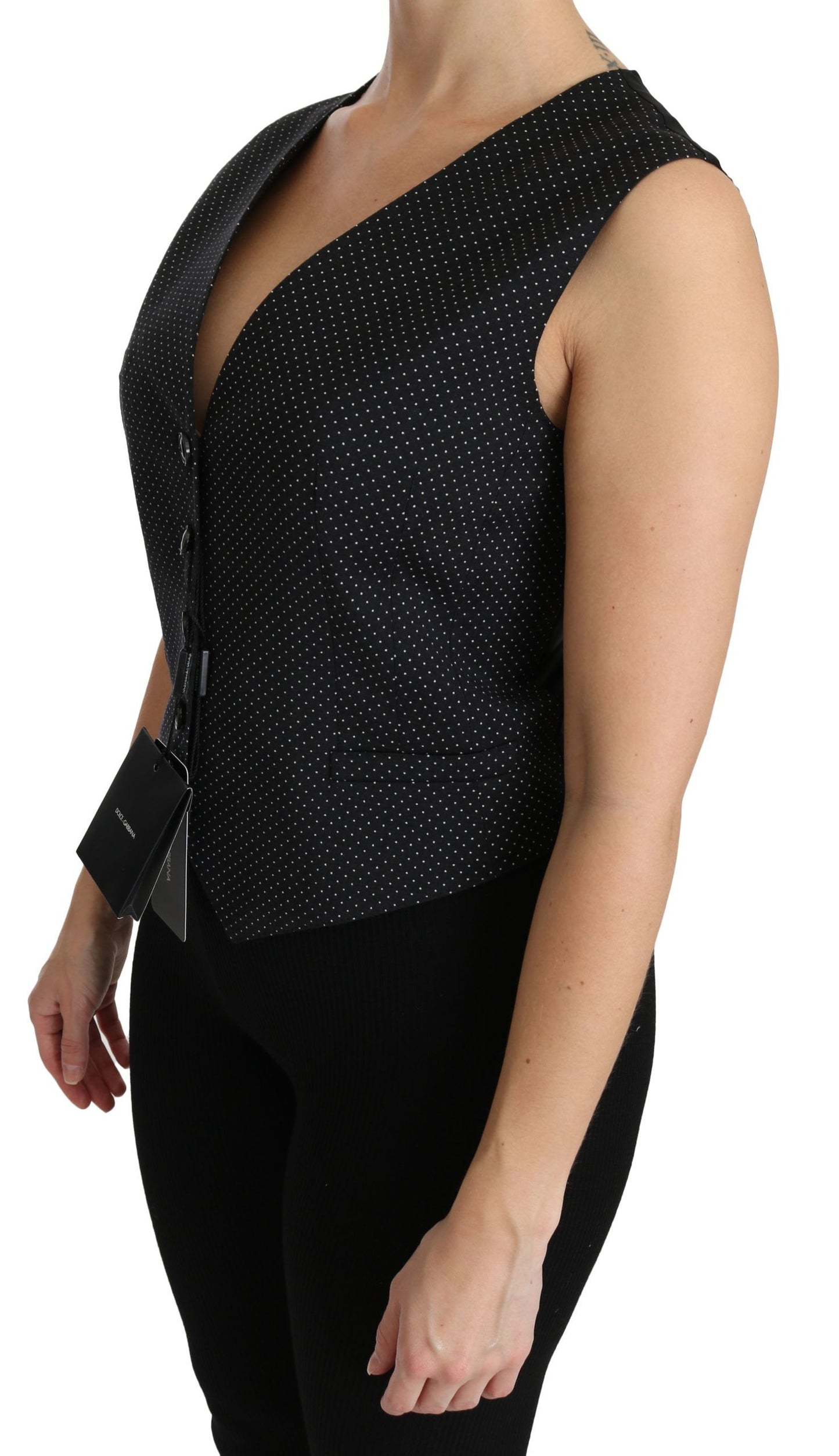 Dolce &amp; Gabbana Black Dotted Waistcoat Vest Blouse Top