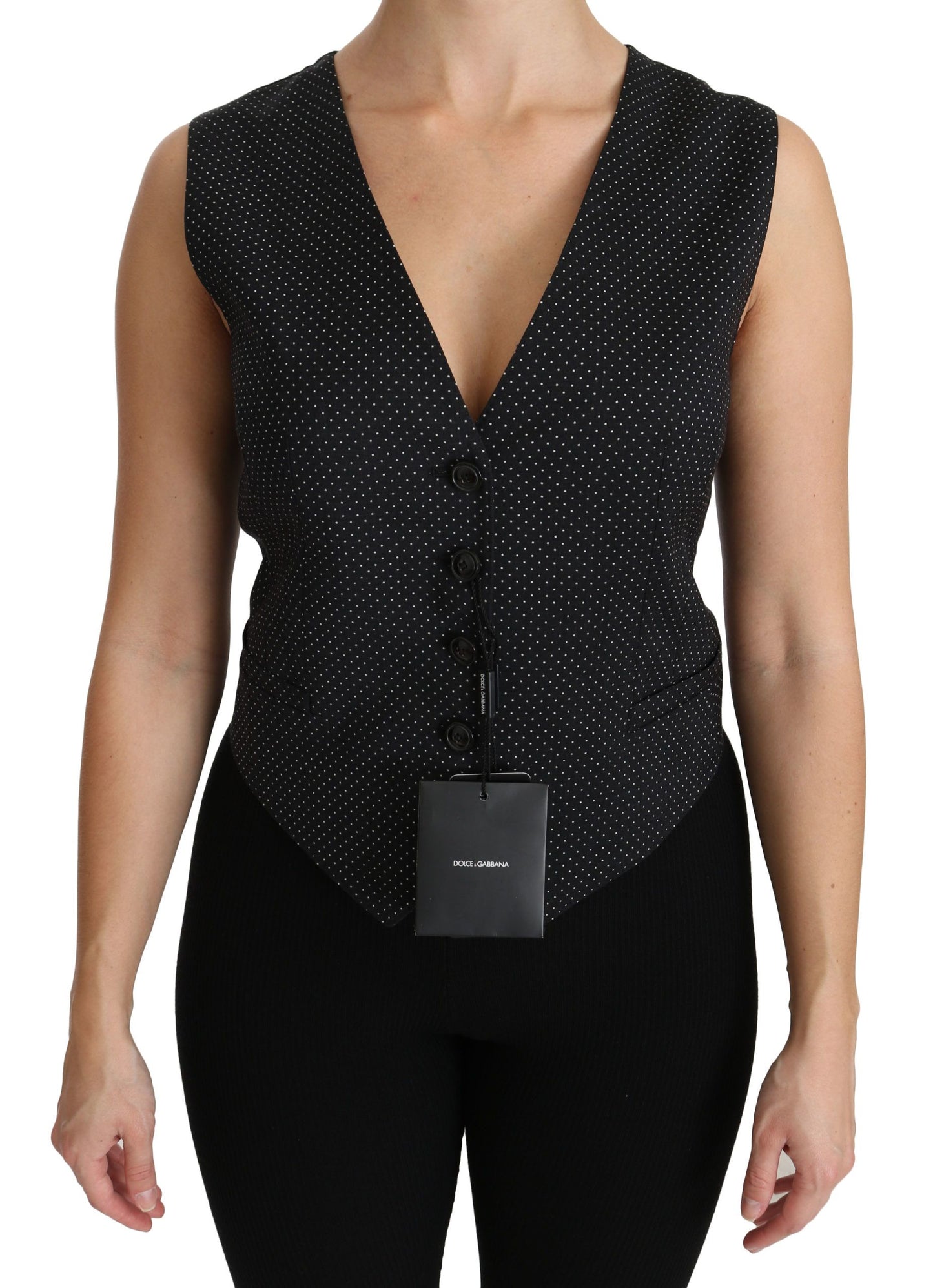 Dolce &amp; Gabbana Black Dotted Waistcoat Vest Blouse Top