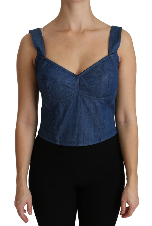 Dolce &amp; Gabbana Blue Sleeveless Bustier Blouse Cotton Top